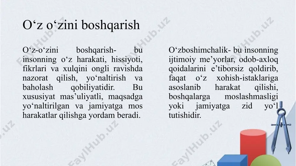 eladi psixologik omillar past ijtimoiy moslashuv: o‘zini jamoada kerakli his qilmaslik, rad etilganlik tuyg‘usi o‘zboshimchaga aylanishga olib kelishi mumkin. impulsivlik va irodaviy zaiflik: o‘zini boshqarish ko‘nikmalarining rivojlanmaganligi har qanday ichki istakka bo‘ysunishga sabab bo‘ladi. shaxsiy inqirozlar: o‘smirlik davri, identifikatsiya muammolari, psixologik zo‘riqish o‘zboshimcha harakatlar sonining ortishiga olib keladi. ijtimoiy muxit omillari yoshlar orasida noto‘g‘ri qadriyatlar tarqalishi: tengdoshlar orasida "qonunlarga bo‘ysunmaslik", "erkinlik" degan noto‘g‘ri tushunchalar o‘zboshimchalikka rag‘batlantiradi. internet va ommaviy axborot vositalari: ko‘plab kontentlarda qoidalarga bo‘ysunmaslik, norasmiylik targ‘ib qilinadi. yosh ong bu orqali o‘zini "o‘ziga yarasha" bo‘lish deb qabul qiladi. maktab muhitidagi yetarli intizom va e’tiborning yo‘qligi: o‘qituvchilar tomonidan nazoratning sustligi, jismoniy va ruhiy yetarli qo‘llab-quvvatlov bo‘lmagani holatni kuchaytiradi. ijtimoiy iqtisodiy omillar moddiy nochorlik yoki haddan ortiq erkinlik: har ikki holatda ham bola muvozanatsiz psixologik muhitda o‘sadi. bandlik yoki nazoratsizlik: ota-onaning ishsizligi, yoki aksincha, haddan tashqari band bo‘lishi bolani yolg‘izlikka, e’tiborsizlikka undaydi, bu esa o‘zboshimchaga olib keladi. ta’lim va tarbiya tizimi …