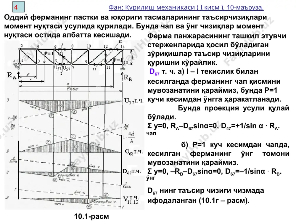 га ажратиш қулай ҳисоб-ланади (10.7–расм). кучлар фазовий қўйилган бўлса, дастлаб кучларни текислик бўйича таксимлаб, сўнгра алохида текис фермаларга ажра-тиш мумкин (10.8 – расм). 10.8 – расм 10.7– расм мустакил ишлаш ва назорат саволлари. фермаларнинг юклаш белбоғи деб нимага айтилади? балкасимон ферма реакциясининг таъсир чизиғи оддий балка реакцияси билан қандай фарқ қилади? момент нуқтаси усули ёки проекция усуларида таъсир чизиқларини қуришда силжувчи куч (p=1) нинг қандай икки ҳолати қаралади. тугун кесиш усулида таъсир чизиқларини қуришда силжувчи кучнинг қандай икки ҳолати қаралади? ўтиш тўғри чизиғининг ҳолати қандай аниқланади? ферма стерженларининг зўриқишлари учун момент нуқтаси мавжуд бўлса, таъсир чизиғи чап ва ўнг тўғри чизиқларнинг ҳолати қандай бўлади? қандай фермалар шпренгеллли ферма дейилади? икки ярусли шпренгель фермалар бир ярусли шпренгелли фермалардан қандай фарқ қилади? турли категорияли элементлари бўлган шпренгеллли ферма зўриқишлари қандай аниқланади? барча категория элементлари учун таъсир чизиқлари қандай қурилади? икки ярусли шпренгелли ферма iv – категория элементи учун таъсир чизиғи қандай қурилади? …