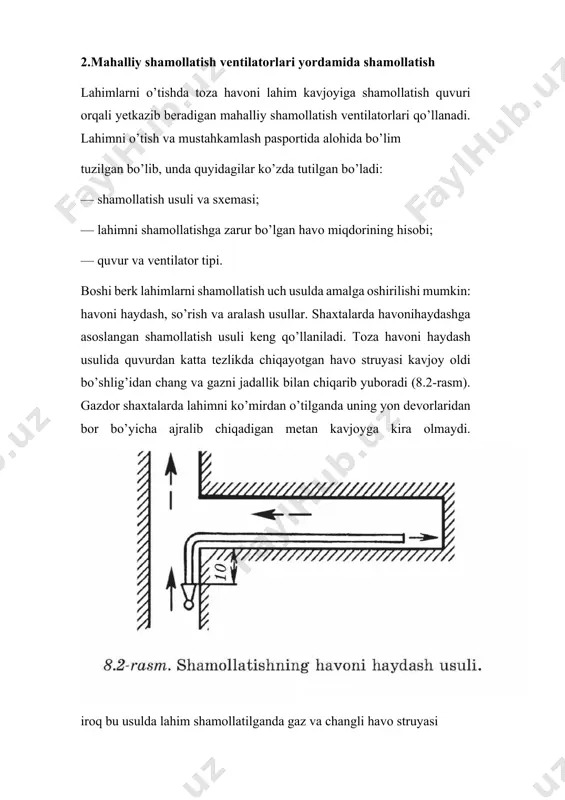 ilgan bo’ladi. quvur shikastlanishi mumkin bo’lganligi uchun uni lahim zaminiga o’rnatishga ruxsat etilmaydi.mato quvurlar metall quvurlardan 10—15 marta yengil bo’lib, ulanish joylari esa 7—10 barobar kam bo’lganligi uchun havo sirqishi ham shuncha marta kam bo’ladi.quyidagilar matodan yasalgan quvurlarning kamchiligi hisoblanadi: so’ruvchi shamollatish usulida qo’llash mumkin emas- ligi va mexanik shikastlanishga chidamliligining yuqori emasligi.diametri 300:1000 mm gacha b o ‘lgan doirasimon kesim yuzaga ega metall shamollatish quvurlari qalinligi 2—3 mm po’lat taxtalardan yasaladi. quvur liniya uzunligi 2—4 m bo’lgan alohida zvenolardan yig’iladi. zvenolar bir-biriga flaneslar yordamida ulanadi. gorizontal va qiya lahimlarda metall quvurlar mustahkamlagich to ‘siniga sim yordamida osib qo’yiladi. kon-tayyorlov lahimlarni tezkor usulda o’tilganda quvur oxiri bilan kavjoy o’rtasidagi masofani doimiy ushlab turishni ta’minlash maqsadida shamollatish quvurini uzluksiz uzaytirib boradigan akkumula- tor quvuridan foydalaniladi. masalan, akkumulator vazifasini 30 m quvur seksiyasini almashtirgan chig’ir bilan tortiladigan gofrirlangan quvur (1) bajaradi (8.6-rasm). vertikal stvollarda quvur liniyasi po’lat simarqon (kanat)ga osib qo’yiladi. portlatish …