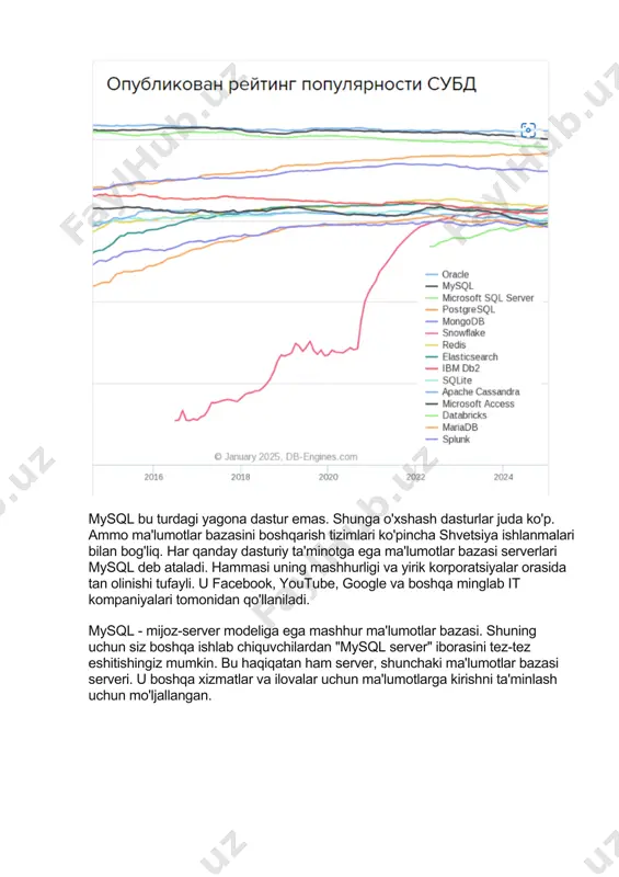 bajariladigan asosiy vazifalar strukturaviy so'rovlar tili 1970 yilda paydo bo'lgan va tezda o'xshash, ammo eskirgan visam va isam o'rnini egalladi. ular ma'lumotlarni boshqarish uchun kerak edi. uning vazifalari quyidagilar: • mijoz talabiga binoan ma'lumotlar bazasi kataklaridan so'ralgan ma'lumotlarni chiqarib olish. • ma'lumotlarni manipulyatsiya qilishning har xil turlari, jumladan, jadvalga yangi elementlar qo'shish, ma'lumotlar bazasidagi mavjud ma'lumotlarni o'chirish, o'zgartirish va saralash. bunga kamdan-kam ishlatiladigan boshqa operatsiyalar ham kiradi. • ma'lumotlar bazasidan ma'lumotlarni identifikatsiya qilish. men buni yuqorida aytib o'tganman. bu alohida komponentlarni aniqlash haqida. masalan, matndagi raqamlarni tegishli ishlov berish uchun butun sonlar sifatida aniqlash. shuningdek, identifikatsiya jarayoni mysql relyatsion ob'ekti uchun ma'lumotlar bazasidagi jadvallarning turli qatlamlari o'rtasidagi munosabatlarni aniqlash uchun zarurdir. • ma'lumotlarni boshqarish. • jadvallardagi ma'lumotlarni himoya qilish va shifrlash. mysql serverlari ishlash tamoyillari bu har qanday mijoz-server modellari bilan bir xil. bitta qurilma so'rov yuboradi, ikkinchisi esa javob beradi. bir nechta so'rovchi bo'lishi mumkin, barchasi serverga, tarmoqqa va …