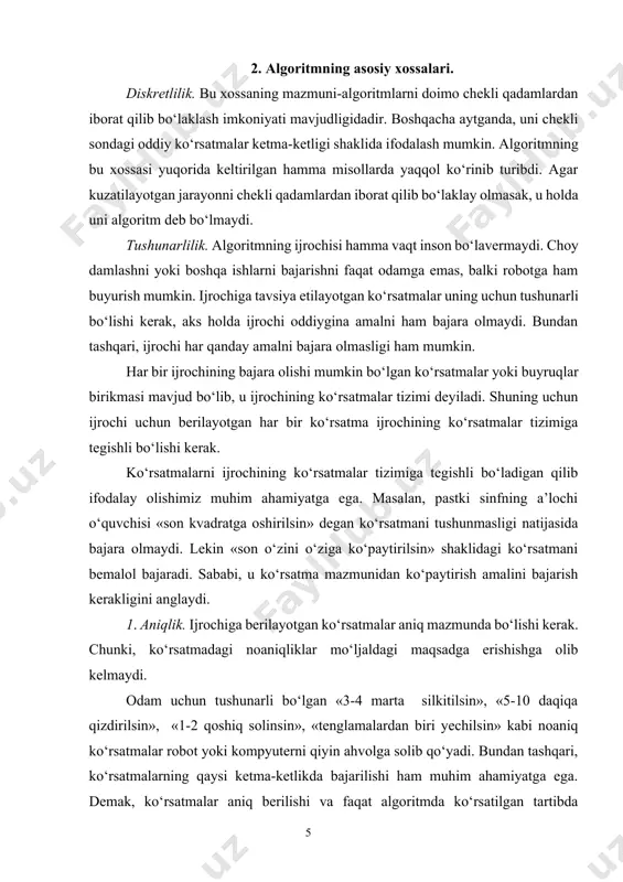 da ham, ularning umumiy maxrajlarini aniqlab beraveradi. 3. natijaviylik. har bir algoritm chekli sondagi qadamlardan keyin, albatta natija berishi shart. bajariladigan amallar ko‘p bo‘lsa ham baribir natijaga olib kelishi kerak. chekli qadamdan keyin qo‘yilgan masala yechimga ega emasligini aniqlash ham natija hisoblanadi. agar ko‘rilayotgan jarayon cheksiz davom etib natija bermasa, uni algoritm deb ayta olmaymiz. 3. algoritmning tavsiflash usullari algoritmning berilish usullari xilma-xildir. hozir ularning eng ko‘p uchraydiganlari bilan tanishamiz. algoritmlarni quyidagi ko‘rinishlarda tasvirlash mumkin: algoritmning so‘z orqali berilishi. bunda ijrochi uchun beriladigan har bir ko‘rsatma so‘zlar orqali buyruq mazmunida beriladi(yuqorida keltirilgan misollarga e’tibor bering). algoritmning formulalar yordamida berilishi. algoritmning formulalar bilan berilish usulidan matematika, fizika, kimyo va boshqa aniq fanlarni o‘rganishda ko‘proq foydalaniladi. masalan: uchburchakning yuzini uning asosi va balandligi bo‘yicha hisoblash formulasi . algoritmning dastur shaklida ifodalanishi, millionlab kompyuterlarning keng tarqalib ketishi algoritmlarning dastur tarzidagi tasvirining keng ommalashib ketishiga katta turtki berdi. sababi shundaki, kompyuterlar doimo dasturlar yordamida …