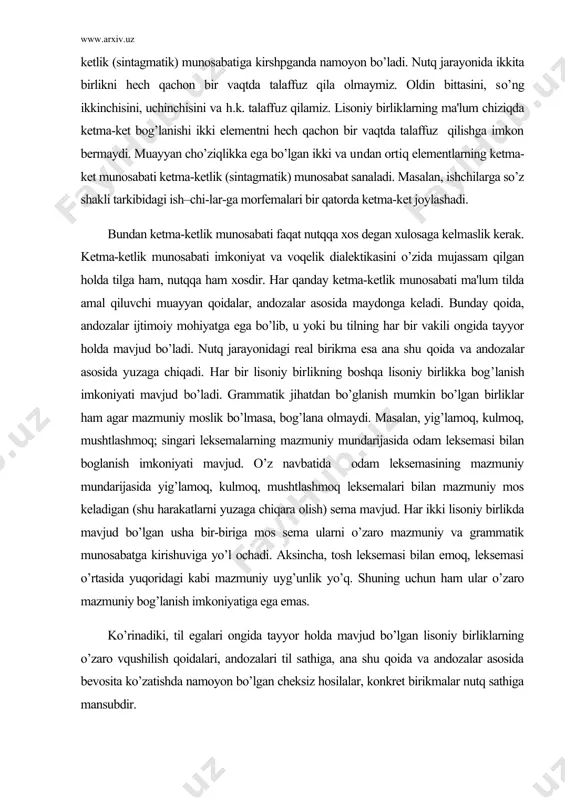 jud. o’z navbatida odam leksemasining mazmuniy mundarijasida yig’lamoq, kulmoq, mushtlashmoq leksemalari bilan mazmuniy mos keladigan (shu harakatlarni yuzaga chiqara olish) sema mavjud. har ikki lisoniy birlikda mavjud bo’lgan usha bir-biriga mos sema ularni o’zaro mazmuniy va grammatik munosabatga kirishuviga yo’l ochadi. aksincha, tosh leksemasi bilan emoq, leksemasi o’rtasida yuqoridagi kabi mazmuniy uyg’unlik yo’q. shuning uchun ham ular o’zaro mazmuniy bog’lanish imkoniyatiga ega emas. ko’rinadiki, til egalari ongida tayyor holda mavjud bo’lgan lisoniy birliklarning o’zaro vqushilish qoidalari, andozalari til sathiga, ana shu qoida va andozalar asosida bevosita ko’zatishda namoyon bo’lgan cheksiz hosilalar, konkret birikmalar nutq sathiga mansubdir. sintagmatik munosabat yordamida tilning bosh vazifasi - kommunikativ vazifasi amalga oshadi. 3) pog’onali munosabat bir sathga mansub, murakkablik darajasiga ko’ra bir xil bo’lgan lisoniy birliklar munosabatidan tashqari, turli sathga mansub, turli murakkablikdagi birliklar ham o’zaro munosabatga kirishadi.(murakkablik darajasi turli xil bo’lgan, ikki xil sath ga mansub lisoniy birliklar munosabati pog’onali munosabat sanaladi. bunday munosabatni …