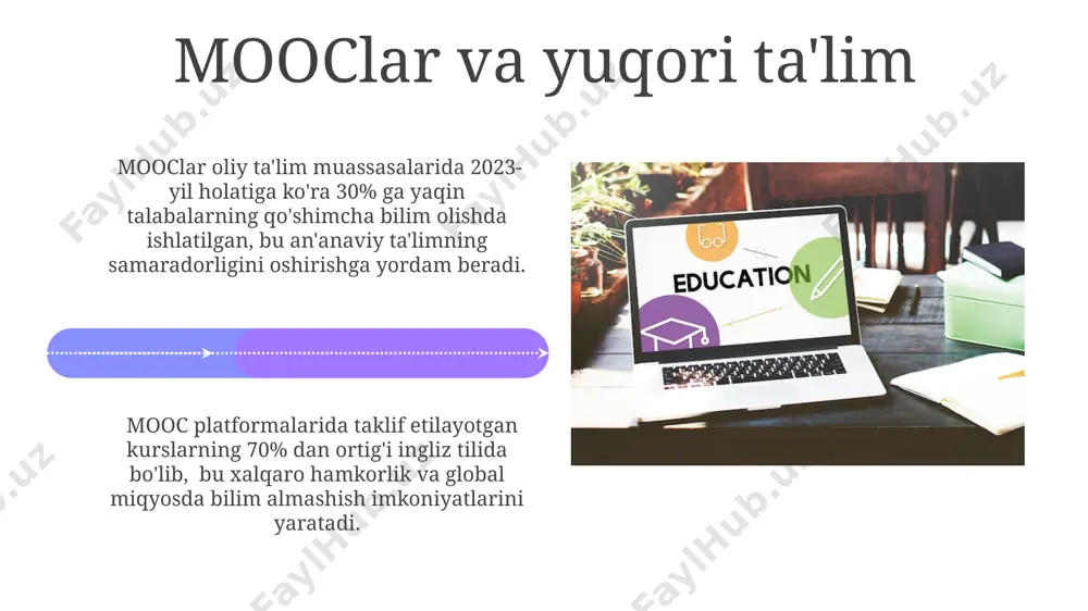 samarali boshqarish ko'nikmalarini rivojlantiradi. mooclarning ta'rifi va tarixi mooclarning dastlabki shakllari 2000-yillarning boshlarida paydo bo'lib, 2012-yilda coursera va edx kabi platformalar bilan ommaviylashdi, millionlab talabalarga ochiq onlayn ta'lim imkoniyatlarini taqdim etdi. mooclarning ta'rifi sifatida, ular bepul va ochiq kirish imkoniyatini beradigan, keng ko'lamli onlayn kurslar bo'lib, odatda video-leksiyalar, topshiriqlar va onlayn forumlarni o'z ichiga oladi. mooclar va ochiq ta'lim resurslari ochiq ta'lim resurslari (oʻtr) mooclar bilan birgalikda 20 dan ortiq turli fanlardan 1 millionlab ta'lim materiallarini taklif qiladi. mooc platformalari orqali 100 000 dan ortiq talaba 2000 dan ziyod kurslarga kirish imkoniyatiga ega bo'lib, jahon miqyosida ta'lim imkoniyatlarini kengaytiradi. mooclarga oid muammolar va ularning yechimlari mooclarda texnologik jihatdan cheklangan talabalar sonining 15% ga yetishi, turli qurilmalarga moslashuvchan platforma va past tezlikdagi internet uchun optimallashtirilgan kontentni yaratish orqali bartaraf etilishi mumkin. kurslarning sifatsizligi va tarkibning etishmasligi muammosi sifat nazorati tizimlarini kuchaytirish va 500 dan ortiq ekspertlar jamoasini jalb qilish orqali yaxshilanishi …