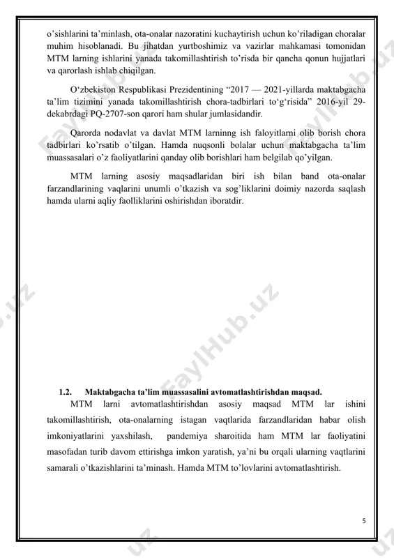 shiriladi. maktabgacha ta`limning maqsadi – bolalarni maktabdagi o’qishga tayyorlash, bolani sog’lom, rivojlangan, mustaqil shaxs bo’lib shakllantirish, qobiliyatlarini ochib berish, o’qishga, tizimli ta`limga bo’lgan ishtiyoqini tarbiyalashdir. maktabgacha ta`lim muassasasida bolalarning hayoti va sog’lig’ini muhofaza qilish maktabgacha ta`lim muassasasi hamda shtatdagi tibbiyot xodimlari, shuningdek maktabgacha ta`lim muassasasiga biriktirilgan sog’liqni saqlash organlarining tibbiyot xodimlari tomonidan amalga oshiriladi. maktabgacha ta`lim muassasasida bolalarning hayoti va sog’lig’ini muhofaza qilishni tashkil etish tartibi va qoidalari, maktabgacha ta`lim muassasasiga bolalarni olib kelish va olib ketish qoidalari, maktabgacha ta`lim muassasasi binolarida xavfsizlikni tashkil etishga oid talablar, maktabgacha ta`lim muassasasida yong’in xavfsizligini tashkil etishga oid talablar, hudud xavfsizligiga bo’lgan talablar “maktabgacha ta`lim muassasalarida bolalarning hayoti va sog’lig’ini muhofaza qilishni tashkil etish tartibi to’g’risida nizom” bilan tartibga solinadi. maktabgacha ta`lim tizimi maktabgacha ta’lim muassasalari – o’zbekiston respublikasidagi ta`lim muassalarining turi bo’lib, turli yo’nalishdagi maktabgacha bo’lgan davrdagi umumta`lim dasturlarini amalga oshiradi. maktabgacha ta`lim muassasalari 2 yoshdan 7 yoshgacha bo’lgan bolalarni tarbiyalashni, o’qitishni, …