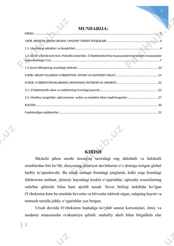 rixida alohida o‘rin egallaydi. mavzuning dolzarbligi: ikkinchi jahon urushi insoniyat tarixida o‘zining keng ko‘lamli harbiy harakatlari, misli ko‘rilmagan talofatlari va chuqur iz qoldirgan ijtimoiy-iqtisodiy oqibatlari bilan ajralib turadi. o‘zbekiston xalqi bu urushda nafaqat frontda, balki orqa frontda ham jasorat va fidokorlik namunalarini ko‘rsatgan. urush yillarida yuz minglab o‘zbekistonliklar jang maydonlariga yo‘l olgan, millionlab kishilar esa sanoat, qishloq xo‘jaligi va boshqa sohalarda mehnat qilgan. bundan tashqari, evakuatsiya qilingan korxonalar, muassasalar va aholi o‘zbekistonda joylashtirilgan bo‘lib, bu hudud urush davomida muhim strategik mintaqalardan biriga aylangan. mustaqillik yillarida tarixiy voqealarga bo‘lgan yondashuv yangilandi, tarixshunoslikda erkin va xolis baholar berila boshlandi. bu esa ikkinchi jahon urushi yillarida o‘zbekistonning tutgan o‘rnini qayta ko‘rib chiqish, mavjud manbalarni ilmiy asosda tahlil qilish zaruratini tug‘dirdi. ayniqsa, xalqimizning urush davridagi fidoyiligi, birdamligi va jasorati bugungi tinchlik va barqarorlikni qadrlashda muhim tarbiyaviy ahamiyat kasb etadi. kurs ishi mavzusining o‘rganilish darajasi: ikkinchi jahon urushi yillaridagi o‘zbekiston tarixiga oid masalalar turli davrlarda …