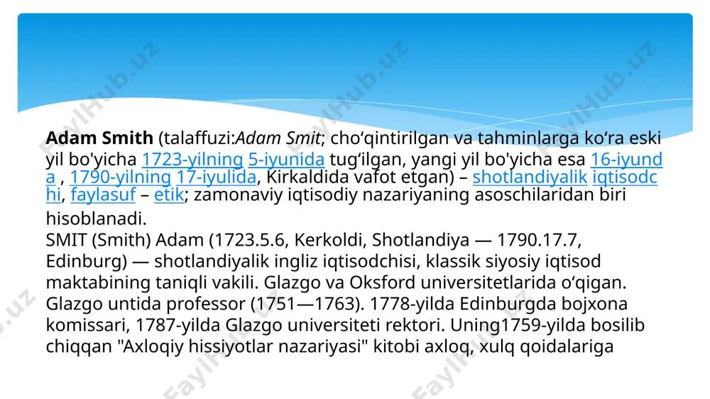 tlari va boshqalar yotadi. quldorlik va feodalizm davrida g‘oyalarning tarqalishi (migratsiyasi) juda qiyin bo‘lgan. shuning uchun bu davrlardagi iqtisodiy fikrlarni mamlakatlar miqyosida alohida-alohida o‘rganishmoqda. 1746-yilda oksforddagi beylliol – kollege ga oʻqishga kirgan va 1746 -yilda oʻqishni tamomlagan. lord keyms koʻmagi bilan adam smith 1748-yilda edinburgda ma'ruza oʻqishni boshlagan.uning ma'ruzalari ritorika, xat yozish san’atiga bagʻishlangan va keyinchalik “boylikka erishish” fani boʻyicha ham ma'ruzalar oʻqigan. aynan ana shu fanda birinchi marta “tabiiy erkinlikning oson va yorqin ifodasi” iqtisodiy falsafasi mazmunini ochib bergan,bu esa oʻz navbatida uning taniqli asari “aholi daromadlarining tabiati va kelib chiqishi sabablari”da oʻz aksini topgan. 1750-yillarda adam smith oʻzidan oʻn yosh katta boʻlgan david hume bilan tanishadi.ular qarashlarining oʻhshashligi ularning qoʻyidagi fanlarda birga olib borgan izlanishlarida oʻz aksini topgan: tarix, siyosat, falsafa, iqtisodiyot va din 2.mavzu: germaniyadagi tarixiy maktab germaniya tarixiy maktablarining o‘ziga xos xususiyatlari taniqli ingliz iqtisodchi olim mark blaug xix asming 60-yillarida yevropa qit’asida klassik iqtisodiy maktabga …
