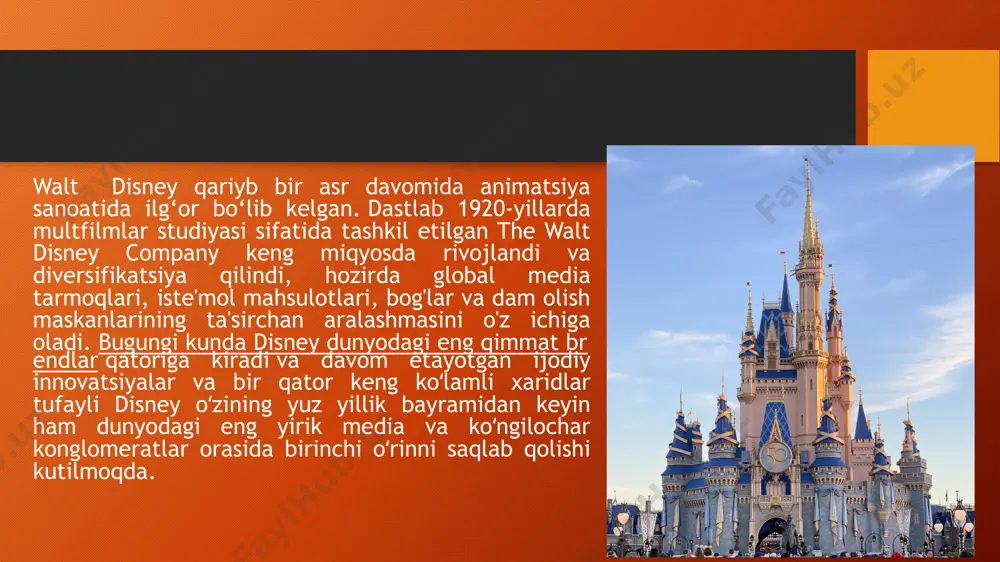 kirdi . kompaniya har doim uy o'yin-kulgilarining chempioni bo'lgan bo'lsa-da, disneyning keng qamrovli kontent katalogini yagona platformaga o'tkazish kompaniyaga yangi hayot bag'ishladi va unga sezilarli raqobat ustunligini berdi. disney bo'lmagan dasturlash kutubxonasidan tashqari, xizmat har kuni millionlab tomoshabinlarni jalb qiluvchi walt disney studios va lucasfilm, 20th century studios va pixar kabi turli sho'ba korxonalar tomonidan ishlab chiqarilgan kontentni o'z ichiga oladi. 2021-yilda disney+ obunachilari soni 100 milliondan oshib ketdi va 2026-yilga kelib bu xizmat global striming landshaftida ustunlik qilishi kutilmoqda. o'yin-kulgi ekrandan tashqari 1955 yilda disneylendning ochilishi world disney uchun yangi davr bo'ldi, chunki kompaniya endi ekranda tomoshabinlarni qiziqtirmay, millionlab tashrif buyuruvchilarga haqiqiy hayot tajribasini taklif qildi. bugungi kunda disney butun dunyo bo'ylab 12 ta tematik bog'larga egalik qiladi va ularni boshqaradi, ularning aksariyati dunyo bo'ylab eng ko'p tashrif buyuriladigan o'yin-kulgi va istirohat bog'lari qatoriga kiradi . shu bilan birga, muxlislar o'zlarining sevimli qahramonlarini kompaniyaning kruiz kemalaridan birida ko'rishlari mumkin. …