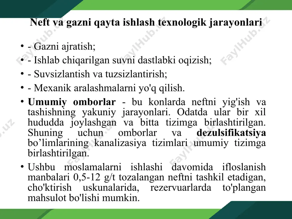 qayta ishlash jarayonida, chiqindi suv va atmosfera chiqindilarini tozalash jarayonida hosil bo'lgan boshqa qattiq moddalar. neft va gazni tashishda atrof muhitning ifloslanishi neft mahsulotlarini tashish usullari: -temir yo'l - vagonlarda; -suv (dengiz va daryo)-neft va turli xil neft mahsulotlari tankerlarda va boshqa transportlarda tashiladi; -quvur liniyasi -avtomobil-neft mahsulotlari tashiydigan avtoulovlarda, kichik konteynerlarda; - samolyotlar va vertolyotlar orqali. salbiy ekologik oqibatlarning sabablari: -tez-tez suv zonasida neft oqishi bilan birga olib boriladigan tankerlar erga ulangan; -yong'inlarga olib keladigan temir yo'l avariyalari, baklarning yonishi; -quvurlarda avariyalar. neft mahsulotlarini tashish tizimidagi nosozliklar ifloslanishni keltirib chiqaradi: 1. jahon okeani - yiliga 2 dan 10 million tonnagacha neft quyiladi. sun'iy yo'ldoshlardan olingan havo fotosuratlari okean sathining deyarli 30 foizini neft sirti bilan qoplaganligini qayd etdi. 2. tuproqlar - neft quvurlari oqishi yoki buzilishida, yerga tushgan neft 'tortishish kuchi ta'sirida pastga tushadi; shu bilan birga, u keng tarqaladi, tuproq zarralari orasidagi teshiklarga kirib boradi, bu esa quyidagilarga …