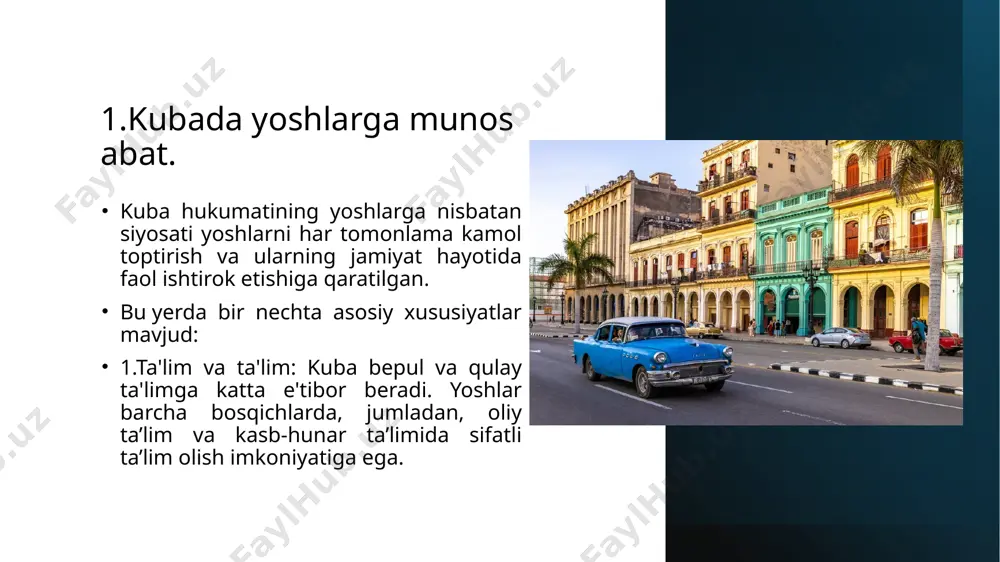 pedagogik xodimlar va o'quvchilarning ota-onalari yordami va rahbarligida o'tkaziladigan "círculos de interés" (qiziqish guruhlari). 100 ga yaqin "palacios de pioneros" va "círculos de interés" 60 dan ortiq mavzularda yozilgan bo'lib, ular boshlang'ich va o'rta maktab o'quvchilarining 40 foizini qamrab oladi. universitetgacha bo'lgan institutlarda boshqa muqobillar, masalan, ilmiy jamiyatlar qo'llaniladi. xulosa yoshlarning ijtimoiy inklyuziyasi milliy va xalqaro miqyosda ijtimoiy hamjihatlik va barqarorlikka o'sib borayotgan ta'sir ko'rsatib, uni zamonaviy jamiyatning strategik maqsadiga aylantirmoqda. uning ko'p omilli tabiati tizimli va differentsial bo'lgan, uning asosiy elementlari (bandlik, sog'liqni saqlash, ta'lim, ishtirok etish, huquqlar) bir-birini to'ldirishini ta'minlaydigan va maqsad qilingan ijtimoiy tarmoqlarning aniq tarixiy sharoitlariga moslasha oladigan siyosatlarni ishlab chiqishni talab qiladi. uning maqsadi tenglikni rivojlantirish emas, balki axloq va individual va jamoaviy sa'y-harakatlarga asoslangan ijtimoiy va iqtisodiy harakatchanlik uchun imkoniyatlar yaratish orqali tenglikni ta'minlash bo'lishi kerak. foydalanilgan adabiyotlar. no-year_youth_social_inclusion_21st_century_cuba_eng.pdf (youthpolicy.org) https://lasus.ru/zhizn-na-kube-dlya-russkih-plyusy-i-minusy https://cuba.mid.ru/ru/countries/rossiysko_kubinskie_otnosheniya/ https://www.forbes.ru/society/500567-karibskoe-protivostoanie-kak-socialisticeskaa-kuba-delaet-vybor-mezdu-rossiej-i-ssa chatgpt chat copilot e'tiboringiz uchun rahmat! image1.jpeg image2.jpeg image3.jpeg image4.jpeg image5.jpeg …