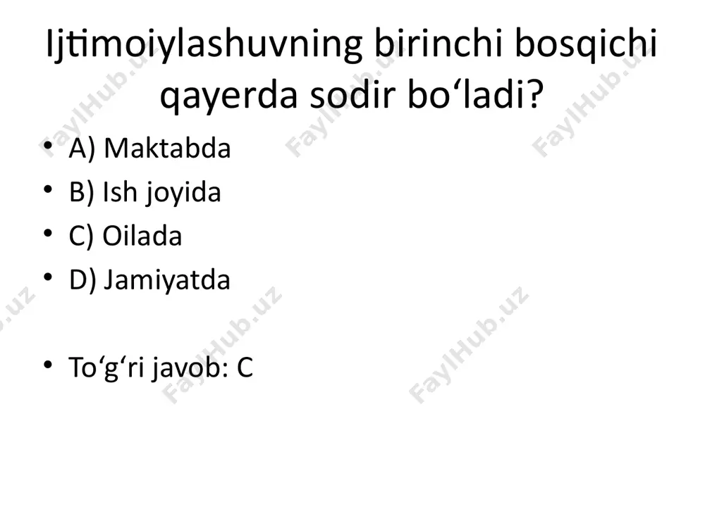jtimoiylashuvning ikkilamchi agentlari qaysilar? a) oila va qarindoshlar b) do‘stlar c) maktab, ommaviy axborot vositalari d) tabiiy muhit to‘g‘ri javob: c quyidagilardan qaysi biri ijtimoiy rol emas? a) o‘quvchi b) ota c) kompyuter d) xodim to‘g‘ri javob: c ijtimoiylashuvda oav qanday rol o‘ynaydi? a) faqat ko‘ngilocharlik b) shaxsni yolg‘izlantiradi c) axborot berish va ijtimoiy qadriyatlarni shakllantirish d) moliya bozorini nazorat qiladi to‘g‘ri javob: c ijtimoiy xatti-harakatlar qanday turlarga bo‘linadi? a) faqat yaxshi va yomon b) ijobiy, salbiy, betaraf c) kuchli va zaif d) mustaqil va qaram to‘g‘ri javob: b oila qanday institut? a) norasmiy b) siyosiy c) rasmiy d) ijtimoiy to‘g‘ri javob: d ijtimoiy normaning asosiy xususiyati nima? a) o‘zgaruvchanlik b) majburiylik c) erkinlik d) mustaqillik to‘g‘ri javob: b shaxsning o‘z ijtimoiy rolini bajarmasligi qanday holatga olib keladi? a) qonunbuzarlik b) ijtimoiy muvozanat c) ijtimoiy barqarorlik d) madaniy yuksalish to‘g‘ri javob: a /docprops/thumbnail.jpeg