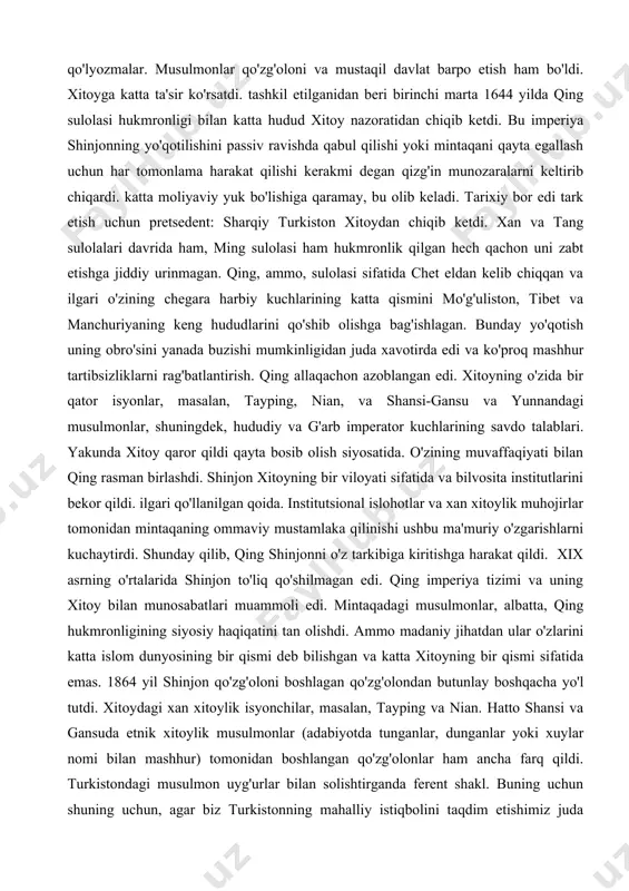 'zg'olondan butunlay boshqacha yo'l tutdi. xitoydagi xan xitoylik isyonchilar, masalan, tayping va nian. hatto shansi va gansuda etnik xitoylik musulmonlar (adabiyotda tunganlar, dunganlar yoki xuylar nomi bilan mashhur) tomonidan boshlangan qo'zg'olonlar ham ancha farq qildi. turkistondagi musulmon uyg'urlar bilan solishtirganda ferent shakl. buning uchun shuning uchun, agar biz turkistonning mahalliy istiqbolini taqdim etishimiz juda muhimdir. xvii asrning 30-40-yillarida xitoy davlati chuqur tushkunlikni boshdan kechirmoqda edi. soliqlarning ko'payishi dexqonlarning ersizlanishi, savdo- budxo'rlik asoratining kuchayishi, amaldorlarning sotqinligi xitoy tarixida uzoq davom etgan 1628-1644-yillardagi qo'zg'olonni keltirib chiqardi. 40-yillar boshida qo'zg'olon yangidan yuksala boshladi. qo'zg'olonda 2 ta markaz bo'lib, biri xubey va shensi viloyatlarida joylashgan bo'lsa, ikkinchisi sichuan viloyatida joylashgan edi. birinchi guruhdagi qo'zg'olonchilarga qishloqdagi dehqon oilasidan chiqqan sobiq cho'pon va pochta kureri li szichen (1606-1645), ikkinchi guruhga esa sobiq askar chjan syanchjun (1606-1647) boshchilik qilardi . qo'zg'olonchilar o'zlarining doimiy qurolli kuchlariga, hokimyat boshqaruv ganlariga ega edilar. ularning asosiy talablari hukmron min sulolasini ag'darib …