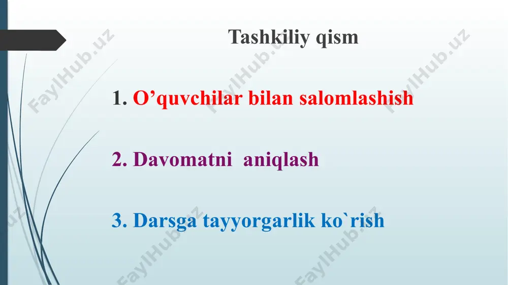 o‘zida mavjud bo‘lib, sarflangan energiya o‘rnini to‘ldiradigan energiyaning berilishini tizimning o‘zi tartibga solib turadi. har qanday avtotebranish tizimi quyidagi qismlardan iborat: energiya manbayi, tebranish tizimi va elektron kalit. avtotebranishlarning chastotalari juda keng diapazonda o‘zgaradi. ular radioaloqa, televideniya, ehm va boshqa qurilmalarda ishlatiladi. 1. avtotebranish tizimi qanday asosiy elementlardan iborat? mustahkamlash uchun savollar 2. avtotebranishning majburiy tebranishdan farqi nimada? 3. teskari bog‘lanish nima? uyga vazifa 1. darslikda berilgan mavzuni o’qib kelish. 2. savollarga javob yozib kelish. 3. mavzuga doir savollar tuzib kelish. image1.png image2.png image3.png image4.png /docprops/thumbnail.jpeg