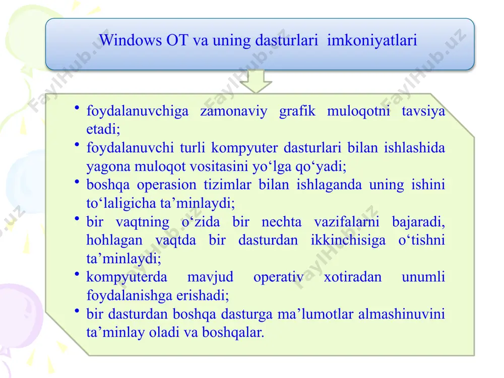 iz vа ro‘yxаt yordаmidа ulаrni qаytа jоyigа tiklаshingiz mumkin bo‘lаdi. ish stolida moy kompyuter (mening kompyuterim) va korzina (savat) tizim papkalarining bo‘lishini tavsiya etamiz. masalalar paneli. ish stolining pastki qismida joylashgan bo‘lib, unda ishlayotgan masalalar aks ettiriladi. windows xp operatsion tizimda ishlatiladigan tezkor tugmalar: tugma nomi vazifasi f2 belgilangan faylning nomini o‘zgartirish f3 fayl yoki papkani qidirish oynasini ochish f4 moy kompyuter yoki windows explorer manzillar oynasi ro‘yxatini kengaytirilgan holda ko‘rish. f5 ochilgan oynani yangilash f6 ochiq dastur yoki «ish stoli» elementlari bo‘yicha ketma-ket harakatlanish f10 ochilgan dastur menyu paneliga chiqish. alt + enter belgilangan ob’ekt xususiyatini ko‘rish alt + f4 faol ob’ektni yopish yoki faol dastur ishini to‘xtatish alt + tab ochilgan ob’ektlar o‘rtasida harakatlanish alt + esc ochilgan ob’ektlar o‘rtasida ularning joylashuv ketma-ketligi bo‘yicha harakatlanish tugma nomi vazifasi ctrl + esc pusk menyusi oynasini paydo qiladi va yana bosilganda yashiradi. ctrl + a barcha ob’ektlarni belgilash ctrl + …