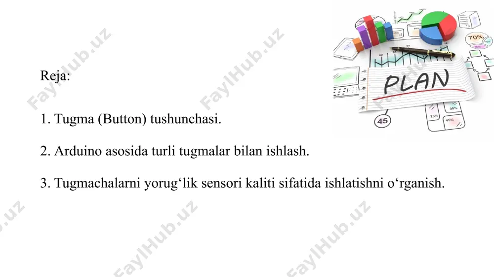 ulash kerak. qulaylik uchun, soat tugmasi odatda bir xil rangdagi plastik qopqoq bilan birga keladi, tugmachani qo‘yish juda aniq va loyihaga xira ko‘rinish beradi. arduino tugmachasini ulash. tugma yordamida ledni yoqish va o‘chirish. quvvat manbai, led, 220 omli qarshilik va kontaktlarning ishlashini ochadigan va yopadigan tugma sifatida arduino bilan ulash sxemasini ko‘rib chiqamiz. ikki juft oyoqli tugmachani ulashda uzilish kontaktlarini to‘g‘ri tanlash muhim. bir juft tugmachaning oyoqchalari yon tomonlarida joylashgan. tugmaning o‘zi to‘rtburchak, lekin kontaktlar juftlari orasidagi masofalar ko‘rinarli. shunday qilib, almashtirish amalga oshiriladigan tomonning bitta "jufti" o‘rtasida bo‘ladi. zanjirga qo‘shilish uchun biz bitta va boshqa kontakt bilan bog‘laymiz, ular orasida minimal masofa bor. kontaktlarning ikkinchi jufti birinchisini takrorlaydi. keling, paneldagi sxemani yig‘amiz, unda tugmachaning bir oyog‘i arduinoning 5v kuchlanishiga, ikkinchisi esa 2 pinga ulanadi. arduino uno-ning 13-pinli bortidagi ledga ulangan bo‘lsada, panelga yana bir led qo‘shamiz. qisqa oyog‘i 220 omli rezistor orqali panel minusiga, uzun oyog‘i esa arduino uno …