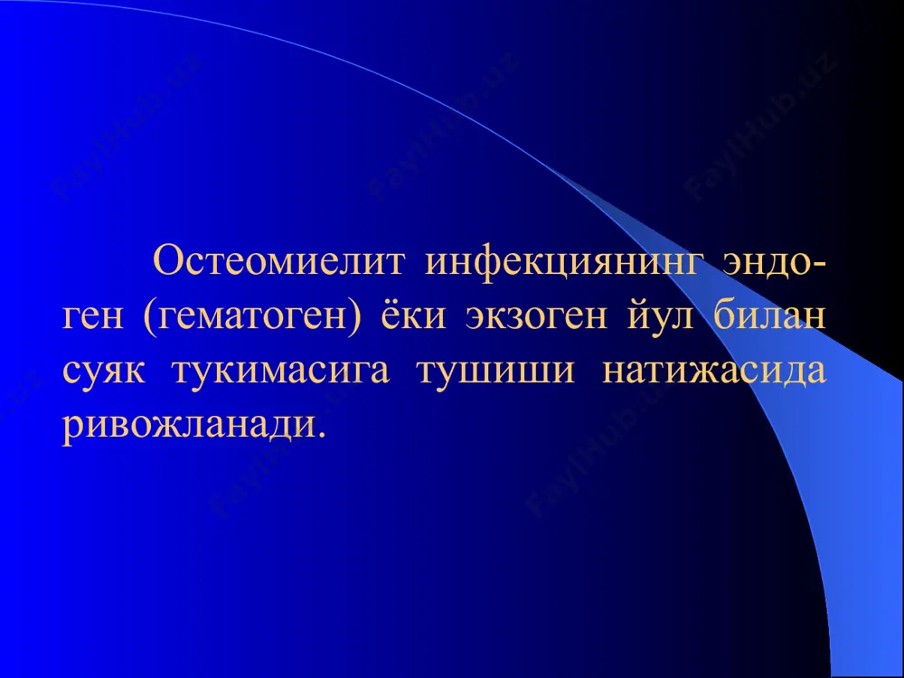 mkin. uzok davom etuvchi yiringli jarayon parenximatoz a'zolarda degeneratsiya chakiradi, jigar va buyrakda amiloidoz rivojlanadi. osteomielitlar tasnifi 1. o'tkir osteomielit: a) o'tkir gematogen osteomielit; b) o'tkir travmatik osteomielit; 2. surunkali osteomielit: a. birlamchi surunkali osteomielit: a) brodi abstsessi b) olle albuminozli osteomieliti v) garre sklerozlovchi osteomieliti b. ikkilamchi surunkali osteomielit o'tkir gematogen osteomielitning klinikasi o'tkir boshlanishi tana xaroratining baland bulib (39-40os) titrok tutishi umumiy xolsizlik bosh ogrishi ko'ngil aynishi va kusish tilning kurishi va karash bilan koplangan bo'lishi taxikardiya leykotsitoz va kon formulasining chapga siljishi kupincha bolalik va usmirlik yoshida bo'lishi arzimagan xarakatlarning ogrikli bo'lishi teri rangining ko'kimtir rangga kirishi gematogen osteomielitning joylashishi gematogen osteomielitning yashinsimon shakllari (molnienosnie formi) keskin intoksikatsiya va septik xolat bilan, bemorlar axvolining ogir bo'lishi bilan xarakterlanadi. jigar va talok kattalashadi, sariklik paydo buladi, leykotsitoz va echt (soe) ortadi. suyaklarda ko'plab infektsiya o'choklari borligi bilan xarakterlanadi. bemorlar maxalliy simptomatika bo'lmaganida xam bir necha kun davomida nobud …