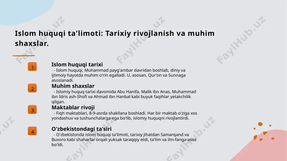 iqh maktablari, tarixiy meros sifatida, an'analar va zamonaviy yondashuvlar o'rtasida muhim ko'prik vazifasini o'ynaydi. 3 zamonaviy yondashuvlar bugungi kunda, o'zbekistonda islomiy huquqning amaliyoti, zamonaviy sharoitlarga mos ravishda, yangi fikrlar va yondashuvlar bilan boyitilmoqda. foydalanilgan adabiyotlar 1. islom huquqi ta'limoti: fiqh maktablari tarixi va o'zbekistondagi ta'siri. tashkent: sharq, 2021 2. o'zbekistonda islom fiqhiy maktablarining rivojlanishi. tashkent: o'zbekiston nasriyoti, 2020 3. hanafi, maliki, shafi'i, va hanbali maktablari: o'zbekistondagi ta'siri. tashkent: o'zbekiston milliy universiteti, 2022 4. islomiy qonunchilik va uning o'zbekiston kontekstidagi o'rni. tashkent: o'zbekiston respublikasi fanlar akademiyasi, 2019 5. usul al-fiqh va o'zbekistondagi fiqhiy maktablar. tashkent: o'zbekiston davlat jurnalistika va madaniyat universiteti, 2023 e'tiboringiz uchun rahmat! /docprops/thumbnail.jpeg