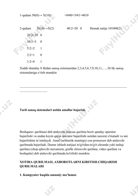 ari), hm (hisoblash mashinalari) terminlari ham hayotda ko'p ishlatib turiladi. ammo biz soddalik uchun faqat kompyuter terminidan foydalanamiz. kompyuterlarning amalda turli xillari mavjud: raqamli, analogli (uzluksiz), raqamli-analogli, maxsuslashtirilgan. ammo, raqamli kompyuterlar foydalanilishi, bajaradigan amallarning universalligi, hisoblash amallarining aniqligi va boshqa ko'rsatkichlari yuqori bo'lgani uchun, ular ko'proq qo'llanilmoqda. 2. shaxsiy kompyuterlarning tuzilishi shaxsiy kompyuterlar (inglizcha personal computers, qisqacha- pc) quyidagi qurilmalardan tashkil topgan: · tizim bloki; · monitor; · klaviatura; · sichqoncha; · tashqi qurilmalar. ibm firmasiga taalluqli shaxsiy kompyuterlar, inglizcha ibm pc kompyuterlari atamasida yuritiladi va ular hozirgi kunda respublikamizda keng tarqalgandir. tizimli blok. tizimli bloke odatda desktop (yassi) yoki tovn (minora) ko'rinishida ishlab chiqariladi. zamonaviy kompyuterlardagi tizim blokda ikkita tugmacha bor. kattaroq ko'rinishdagi tugmacha orqali kompyuter ishga tushiriladi. bu tugmachani power tugmachasi deb yuritiladi. power tugmachasining yonida rezet tugmachasi joylashgan bo'lib, bu tugmachaning vazifasi, agarda kompyuterda ishlayotgan vaqtingizda kursor qotib qolsa kompyuterni qayta yuklash uchun ishlatiladi. bu vazifani klavishlar …