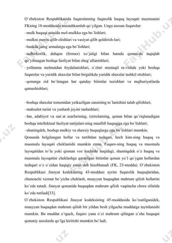 a chora sifatida ko`zda tutiladi[33]. o`zbekiston respublikasi jinoyat kodeksining 45-moddasida ko`rsatilganidek, muayyan huquqdan mahrum qilish bir yildan besh yilgacha muddatga tayinlanishi mumkin. bu muddat o`tgach, fuqaro yana o`zi mahrum qilingan o`sha huquqni qonuniy asoslarda qo`lga kiritishi mumkin bo`ladi. huquq layoqatining boshlanishi va tamom bo`lishi huquq layoqati kishi tug`ilganidan to o`limigacha undan ajralmaydi, u bilan birga bo`ladi. yangi tug`ilgan chaqaloq ham har xil huquqlarga, chunonchi, yashash huquqi, ovqatlanish huquqi, erkin bo`lish huquqi kabi qator tabiiy huquqlarga, shu jumladan, ota-onalardan tarbiya olish va boshqa huquqlarga ega bo`ladi. aqli zaif va ruhiy xastalar ham huquq subyekti bo`lib hisoblanadi. ular, xususan, davolanish, pensiya olish va boshqa huquqlarga ega. ularning mulkiy huquqlari to`liq hajmda saqlanadi. kishi tug`ilishi bilan uning hayoti boshlanganidek, tug`ilishi bilan huquq subyekti sifatida yashashi ham boshlanadi. kishining tug`ilish fakti muhim yuridik ahamiyatga ega bo`lganligi tufayli bolaning tug`ilishi fuqarolik holati dalolatnomalarini yozish bo`limida (fhdyo) davlat ro`yxatidan o`tkaziladi. ro`yxatdan o`tkazilmaslik tug`ilgan bolaning huquqiga ta`sir …