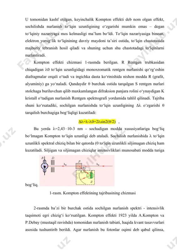 , ( =s/() eksperimentdan olingan kompton formulasiga to‘g‘ri keladigan ifodaga olib keladi: . (3) shunday qilib, kvant tasavvurlari asosida bajarilgan nazariy hisoblar, kompton effektini mukammal tushuntirish va kompton to‘lqin uzunligini fundamental konstantalar (o‘zgarmas son, doimiy miqdor) h, s va m orqali ifodalash imkonini beradi: tajriba ko‘rsatganidek, siljigan to‘lqin uzunligi bilan bir qatorda siljimagan dastlabki to‘lqin uzunligi 0 sochilgan nurlanishda kuzatiladi. bu fotonlarning atomlar bilan kuchli bog‘langan elektronlar o‘rtasidagi o‘zaro ta’siri bilan tushuntiriladi. bunda fotonlar atomlar bilan energiya va impuls bo‘yicha o‘zaro to‘liq almashishadi. atomning katta massasi tufayli elektron massasi bilan tenglashtirganda atomga faqat fotonning energiyasining arzimas qismi o‘tadi, chunki sochilgan nurlanish to‘lqin uzunligidan tushadigan nurlanish to‘lqin uzunligi 0 deyarli farq qilmaydi. 4-rasm. kompton effekti modeli 5. mikrozarralarning to‘lqin xususiyatlari. elektron difraksiyasi 1923 yilda ajoyib voqea yuz berdi. bu esa kvant fizikasining yuqori darajada rivojlanishiga sabab bo‘ldi. fransuz fizigi lui de-broyl korpuskulyar–to‘lqin dualizm universalligi haqidagi gipotezani ilgari surdi. nafaqat fotonlar, balki …