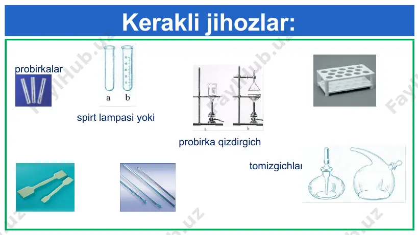 . (b) probirkada k2co3 tuzi bor ekan. k2co3 tuzi suvda yaxshi eriydi. karbonat tuzlari kislotalar bilan ta’sirlashib co2 gazini ajratadi. b) k2co3+2hcl=2kcl+co2+h2o c) caco3+2hcl=cacl2+co2+h2o i9 presentation to joe smith ‹#› mustaqil ish № 3 sizga berilgan ikkita probirkada rangsiz eritmalarning qaysi biri kaliy gidroksid, qaysi biri kalsiy gidroksid eritmasi ekanligini aniqlang. aniqlash uchun reaktiv: co2 i9 presentation to joe smith ‹#› mustaqil ish № 3 ikkita probirkadagi rangsiz eritmaga caco3 qizdirganda ajralgan co2 gazni yuborganda kalsiy gidroksid eritmasida oq chokma hosil bo‘ldi, demak bu eritma kalsiy gidroksid ekan. ca(oh)2+co2=caco3+h2o i9 presentation to joe smith ‹#› mustaqil ish № 3 ikkita probirkadagi rangsiz eritmaga caco3 qizdirganda ajralgan co2 gazni yuborganda kaliy gidroksid eritmasida eritma rangi o‘zgarmadi demak, bu eritma kaliy gidroksid ekan. koh+co2=k2co3+h2o i9 presentation to joe smith ‹#› mustaqil ish № 4 quyidagi o‘zgarishlarni amalga oshirish uchun imkon beradigan reaksiyalar tenglamalarini yozing: ca(oh)2→caco3→ca(hco3)2→caco3→cacl2 i9 presentation to joe smith ‹#› mustaqil …