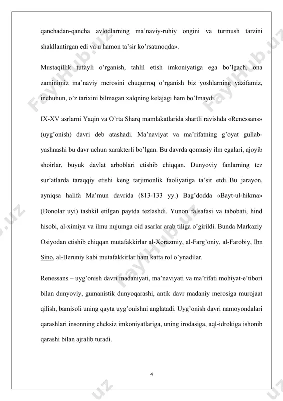 ning asosiy asarlari “astranomiya va astralyabiyaga kirish”, “falakdan bo’ladigan sabablar”, “astralyabiya fani usullari”, “osmon harakatlari va yulduzlar ilmi” va boshqalardir. farg’oniyning “astranomiya asoslari” kitobi o’sha davrdagi astranomiya sohasidagi bilimlarning qomusi bo’lgan. unda qadimgi falakiyotshunoslik bilimlari, uning qoidalari, usullari bayon qilingan. asar xii asrdayoq lotin tiliga tarjima etilib, ko’p asrlar davomida evropada astronomiya bo’yicha qo’llanma, darslik sifatida xizmat qilib kelgan. u evropada al-fraganus nomi bilan mashhur bo’lgan. al-xorazmiy (780-850 yy.) sharqning buyuk mutafakkiri, qomusiy olimdir. uning ilmu-nujum, geodeziya, geografiya va ayniqsa riyoziyot sohasidagi xizmatlari beqiyosdir. u arab, hind, lotin, yunon, fors tillarini bilgan. xorazmiy bir qancha kitob va risolalarning muallifidir. bulardan eng mashhuri “kitob al-jabr va al-muqobala” asaridir. bu asar riyoziyotda yangi mustaqil fan – algebraning vujudga kelishiga zamin bo’ldi. u tenglamalarni echishning ikki usulini – al-jabr, ya’ni qarama-qarshi ishoralarni yagona musbat ishoraga keltirish va al-muqobala, ya’ni bir hil hadlarni qarama-qarshi qo’yishni kashf qildi. xorazmiy “sind hind”, “ziji xorazmiy”, “astrolyabiya bo’yicha …