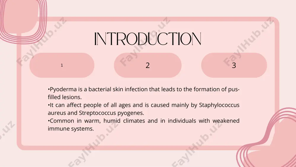 personal hygiene. •keep wounds clean and covered. •avoid sharing personal items (e.g., towels, razors). •treat underlying conditions that weaken immunity. •use antibacterial soaps if prone to infections. treatment options mild cases •topical antibiotics: mupirocin or fusidic acid for localized lesions. •proper hygiene: regular washing with antiseptic soap. treatment options moderate to severe cases • oral antibiotics: cephalexin, dicloxacillin, or clindamycin for widespread infections. •drainage: for large boils or abscesses. severe or recurrent cases •intravenous antibiotics: in cases of cellulitis or systemic infections. •treatment of underlying conditions: diabetes management, immune system support. conclusion • pyoderma is a common bacterial skin infection that varies in severity. • early diagnosis and proper treatment can prevent complications. • good hygiene and preventive measures are essential to reduce the risk of recurrence. would you like me to add images or a powerpoint presentation for this? famous people who had pyoderma pyoderma and other bacterial skin …