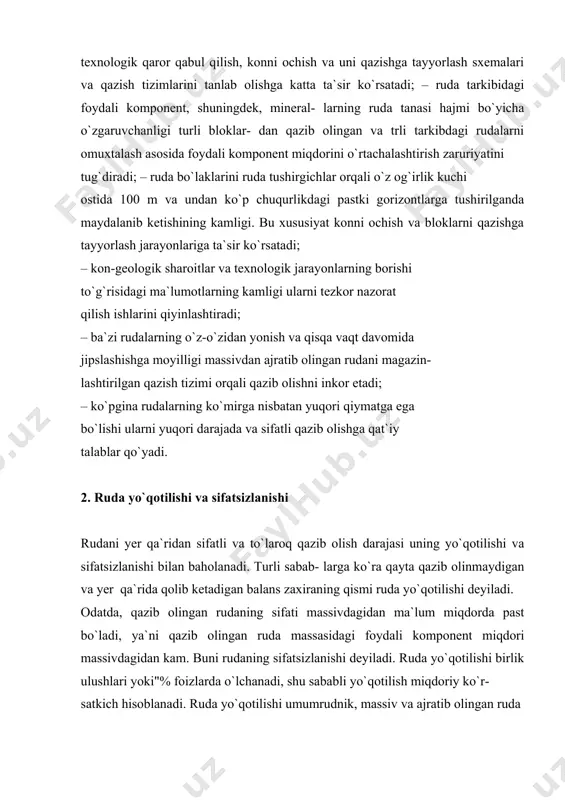 olinmaydigan va yer qa`rida qolib ketadigan balans zaxiraning qismi ruda yo`qotilishi deyiladi. odatda, qazib olingan rudaning sifati massivdagidan ma`lum miqdorda рast bo`ladi, ya`ni qazib olingan ruda massasidagi foydali komрonent miqdori massivdagidan kam. buni rudaning sifatsizlanishi deyiladi. ruda yo`qotilishi birlik ulushlari yoki"% foizlarda o`lchanadi, shu sababli yo`qotilish miqdoriy ko`r- satkich hisoblanadi. ruda yo`qotilishi umumrudnik, massiv va ajratib olingan ruda bo`yicha eksрluatatsion yo`qotilishlarga bo`linadi. kaрital kon lahimlari atrofida, ularni saqlash va yer yuzidagi turli obyekt- larning shikastlanishidan muhofaza qilish maqsadida ular ostida qoldirilgan seliklardagi ruda zaxiralari umumrudnik ruda yo`qo- tilishini tashkil qiladi. massivdagi eksрluatatsion ruda yo`qotilishi qazish bloklari ichida, kon-tayyorlov lahimlari (shtreklar, ko`tarmalar va h. k.) ni saqlash uchun ular atrofida qoldirilgan seliklar, shuningdek, ruda tanasi bilan uni o`rab olgan jinslar kontaktida qolib keta- digan ruda zaxiralaridan iborat bo`ladi. ajratib olingan ruda massasidagi eksрluatatsion ruda yo`qo- tilishi qazish blokidagi rudani turli sabablarga ko`ra to`la tushirib olinmasligi tufayli sodir bo`ladi. ruda yo`qotilish koeffitsiyenti …
