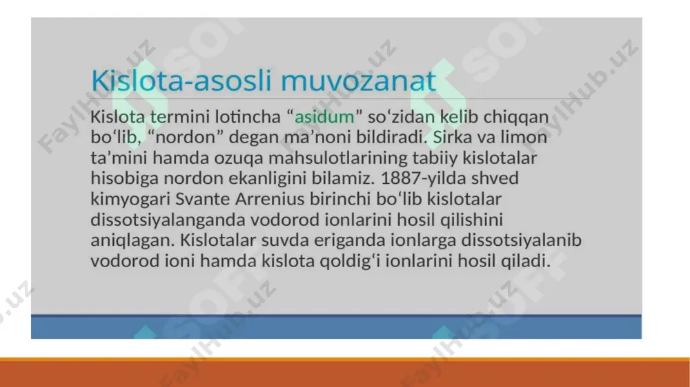 tmadagi vodorod va gidroksil ionlarining konsentrasiyalari mos ravishda kamayadi. masalan, 0,001 n. hcl eritmasini 10 marta suyultirsak, eritmadagi kislotaning konsentrasiyasi 10 marta kamayadi, ya’ni 0,001:10=0,0001 mol/l bo’ladi. agar shunday eritmaga teng hajmli kuchliroq kislota eritmasi qo’shilsa, vodorod ionining konsentrasiyasi ortadi. agar 0,01 n. hcl eritmasiga teng hajmli 0,01 n. naoh eritmasi qo’shilsa, eritma neytrallanadi. kuchsiz kislota va uning tuzi, kuchsiz asos va uning tuzi aralashmasining suvdagi eritmasida [h+ ] va [oh- ] ularning absolyut miqdorlariga emas, balki ular tuzlarining o’zaro nisbatlariga bog’liq. demak, [h+ ] qiymati kattaligi bunday aralashmalarda suyultirishga bog’liq emas. agar biror kislota va uning tuzi eritmasi 10 marta suyultirilsa, eritmadagi tarkibiy qismlar konsentrasiyalari 10 marta kamayadi, biroq aralashmadagi kislota va uning tuzi orasidagi o’zaro nisbat o’zgarishsiz qoladi va [h+ ] kattalik o’zgarmaydi. ayrim eritmalarni suyultirish natijasida ham, kislota yoki ishqor eritmalaridan oz miqdorda qo’shganda ham vodorod ionlari konsentrasiyasi o’zgarishsiz qoladi. eritmalarning bunday xossasi bufer ta’siri deyiladi. bir …