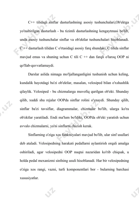 g'risida darhol qaror qabul qilish va unga rioya qilishga harakat qilish yaxshiroqdir. keling, dasturni ishlab chiqaylik, unda biz eng oddiy sinfni e'lon qilamiz, unda bitta funktsiya xabarni chop etadi. 1 2 3 4 5 6 7 8 9 10 11 12 13 14 15 16 17 18 19 20 21 22 #include "stdafx.h" #include using namespace std; class cppstudio { public: void message() { cout using namespace std; class cppstudio { private: int day, month, year; public: void message() { cout > day; cout > month; cout > year; cppstudio objcppstudio; objcppstudio.message(); objcppstudio.setdate(day, month, year); objcppstudio.getdate(); system("pause"); return 0; } sinf ta'rifida yangi kirish spetsifikatsiyasi paydo bo'ldixususiy, satr 9. ushbu kirish spesifikacisi undan keyin va kirish spesifikacisi boshlanishidan oldin e'lon qilingan o'zgaruvchilarga kirishni cheklaydi.ommaviy, satrlar 9 - 12. shunday qilib, o'zgaruvchilargakun, oy, yil, faqat sinf usullariga kirish mumkin. sinfga tegishli bo'lmagan funksiyalar bu o'zgaruvchilarga kira olmaydi. ma'lumotlar a'zolari yoki sinf …