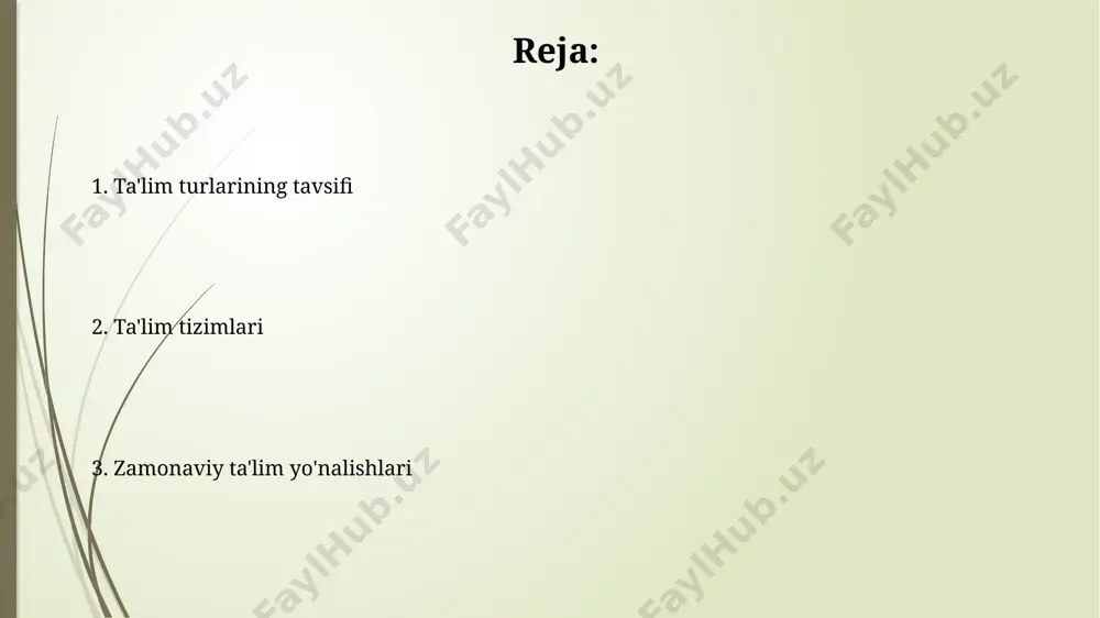 'lim 9 yillik majburiy ta'lim tizimini o'z ichiga oladi va 1-sinfdan 9-sinfgacha bo'lgan o'quvchilarni qamrab oladi, ularga asosiy fanlar bo'yicha bilim beradi. maxsus ta'lim maxsus ta'lim 10 yoshdan oshgan bolalar va o'smirlarga 12 ta turli yo'nalishda, individual yondashuv asosida, o'quv dasturlarini moslashtirish orqali ta'lim beradi. maxsus ta'lim muassasalari o'quvchilarning 70% dan ortig'iga kasb-hunarga yo'naltirilgan ta'lim beradi va ularning mustaqil hayotga moslashishiga yordam beradi. oliy ta'lim o'zbekistondagi oliy ta'lim tizimi davlat va nodavlat oliy o'quv yurtlarini, shuningdek, 100 dan ortiq universitet va institutlarni o'z ichiga oladi. oliy ta'lim muassasalarida o'qish muddati bakalavriat uchun 4 yil, magistratura uchun esa 2 yilni tashkil etadi, ba'zi mutaxassisliklar bundan mustasno. inklyuziv ta'lim inklyuziv ta'lim kamida 20% nogiron bolalarni o'z ichiga olgan sinflarda amalga oshiriladi va ularga individual yondashuvni ta'minlaydi. ushbu tizim 5 ta asosiy printsipga asoslanadi: tenglik, qatnashish, ta'limning moslashuvchanligi, qabul qilish va qo'llab-quvvatlash. davlat va nodavlat ta'limi davlat va nodavlat ta'limi o'rtasidagi asosiy farqlardan …