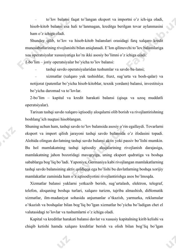 anjumanlar o’tkazish, yarmarka, reklamalar o’tkazish va boshqalar bilan bog’liq bo’lgan xizmatlar bo’yicha bo’ladigan chet el valutasidagi to’lovlar va tushumlarni o’z ichiga oladi. kapital va kreditlar harakati balansi davlat va xususiy kapitalning kirib kelishi va chiqib ketishi hamda xalqaro kreditlar berish va olish bilan bog’liq bo’lgan operatsiyalarni ifodalaydi. o’zining muddatliligiga ko’ra kapital va kreditlar oqimi qisqa muddatli va uzoq muddatli bo’lishi mumkin. kapital va kredit oqimi balansiga «xatolar va hisobga olinmagan» moddasi biriktiriladi. u qisqa muddatli kapitalning hisobga olinmagan harakatini ifodalaydi. valuta zaxiralarining o’zgarishi markaziy banklarning xalqaro valuta operatsiyalarini belgilaydi, ular to’lov balansini tenglashtirish va milliy valuta kursini bir maromda saqlash bilan bog’liq. aqshda joriy to’lov balansi «doimiy» passivdir. manfiy qoldiq 1988-1994-yillarda 100 mln aqsh dollar (yiliga) atrofida bo’ldi, tashqi qarzning tabiiy to’planishi yuz bermoqda. shu bilan birga, aqshda boshqa mamlakatlarning majburiyatlari yig’ilmoqda. bir qator davlatlarda (germaniya, yaponiya, shveysariyada) aktiv qoldiq ko’zga tashlanadi. shu davr ichida yillik sof aktiv germaniyada 51 …