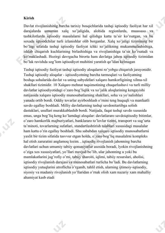 vlar tizimi, transport va sug’urta ta’minoti, tovarlarning sufatlari, standartlashtirish talablari xususidagi masalalar ham katta o’rin egallay boshladi. shu sababdan xalqaro iqtisodiy munosabatlarni yaxlit bir tizim sifatida tasvvur etgan holda, o’zaro bog’liq masalalrni kompleks hal etish zaruratini anglamoq lozim. , iqtisodiy rivojlanish jahonning barcha davlatlari uchun umumiy tabiiy qonuniyatlar asosida boradi, lyokin rivojlanishning o’ziga xos xususiyatlari, yo’llari mavjud bo’lib, ular jahonning u yoki bu mamlakatlarini jug’rofiy o’rni, tabiiy sharoiti, iqlimi, tabiiy resurslari, aholisi, iqtisodiy rivojlanish darajasi va munosabatlari turlicha bo’ladi. bu davlatlarning iqtisodiy yutuqlarini atroflicha o’rganib, tahlil etish, ularning ijtimoiy-iqtisodiy, siyosiy va madaniy rivojlanish yo’llaridan o’rnak olish xam nazariy xam mahalliy ahamiyat kasb etadi 1. jahon xo'jaligining mazmuni va uning tashkil topishi. jahon xo'jaligi rivojlanish bosqichlari. jahon iqtisodiyotiga keng m a’noda jahon iqtisodiyoti — bu milliy iqtisodiyotlar yig‘indisi sifatidagi tizim, tor m a’noda iqtisodiyotning tashqi dunyoga tovarlar, xizmatlar va iqtisodiy resurslar yetkazib beruvchi qismlarinigina qamrab oluvchi tizim, deb ta ’rif berish …
