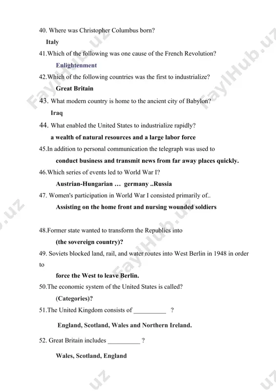 ver 85. cinematography was invented by? william friese-greene (edison)? 86. what percentage of land area should remain covered by forest to maintain ecological balance? 33% 87. in 1924 the first winter olympics was held in? chamonix,france 88. oval stadium in england is associated with? cricket 89. 2010 world cup football tournament was held in? south africa 90. ronaldo is associated with? football 91. world’s most ancient game is? wrestling 92. the national game of japan is? (sumo wrestling)? 93.one byte is equivalent to? 8 bites 94.easter falls on which day? sunday, (april 4) 95.valentine’s day is celebrated on? february 14 96.when is halloween celebrated? october 31 97.which of the dates below is not a public holiday? halloween 98.the day after christmas is known as ………. day? boxing day 99.where was shakespeare born? stratford-upon-avon, england, 100.where does the queen live? buckingham palace 101._____ (speak) three languages: french, spanish, and english. i …