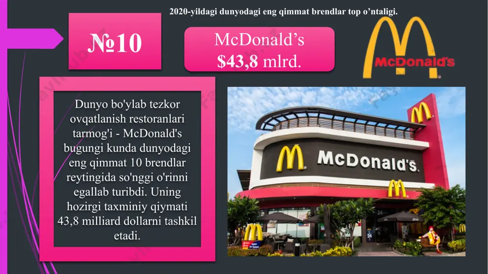 a. №6 coca-cola $59,2 mlrd dunyodagi eng mashhur alkogolsiz gazli ichimlik coca-cola o'z kompaniyasiga yiliga 5 milliard dollardan ko'proq sof foyda keltiradi. mashhur ichimliklar brendi 1882 yilda tashkil topgan. bugungi kunda fanta, sprite, diet coke va schweppes ham kompaniyaning mahsulot ro'yxatiga kiritilgan. o'z aktivlarining ko'pligi, yuqori rentabellik, katta xodimlar va daromadlilik tufayli coca-cola brendi 59,2 milliard dollarga baholanmoqda. №5 facebook $88,9 mlrd facebook mark tsukerberg tomonidan 2004 yil fevral oyida ishlab chiqilgan. bugungi kunda facebook-ga kuniga 2 milliarddan ortiq kishi tashrif buyuradi. bitta internet-loyihaning qiymati 88,9 milliard dollarga teng bo'lib, u mashhurlik va dolzarblikning astronomik ko'rsatkichidir. bugungi kunda facebook reklama orqali yiliga 22 milliard dollardan ko'proq sof foyda olib keladi. №3 amazon $97 mlrd. amazon - bu turli xil mahsulotlarni internet orqali sotadigan va yetkazib beradigan amerika chakana kompaniyasi. umumiy hisob-kitoblarga ko'ra, hozirgi kunda kompaniyada 750 mingga yaqin xodim ishlaydi, korporatsiyaning aktivlari 162 milliarddan oshadi va yillik aylanmasi qariyb 201 …