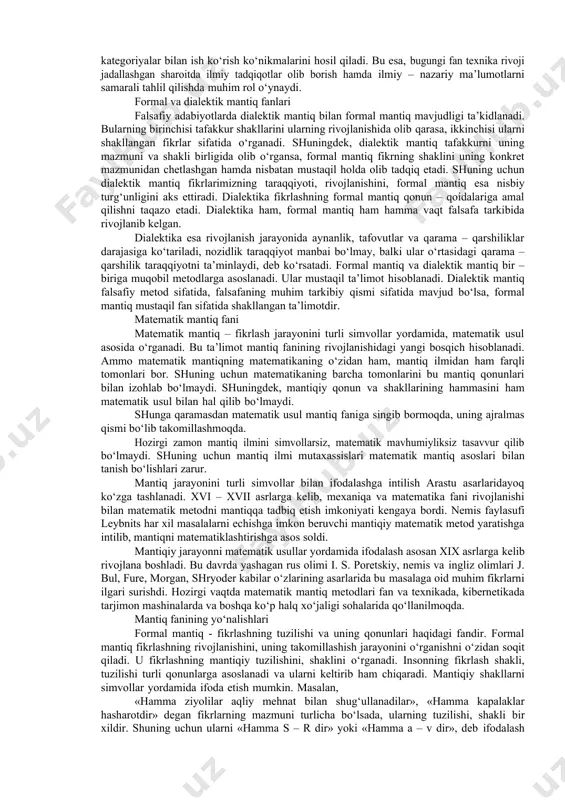 lari haqidagi axborotlar tushuniladi. tafakkur shaklining tabiatini konkret misollar yordamida ko‘rib chiqamiz. ma’lumki, ayrim predmetlar, ularning sinfi (to‘plami) kishilar tafakkurida turli xil mazmunga ega bo‘lgan tushunchalarda aks ettiriladi. masalan, «davlat» tushunchasida o‘zining maydoniga, aholisiga, boshqaruv vositalariga ega bo‘lgan siyosiy tashkilot aks ettiriladi. “milliy g‘oya” tushunchasida esa millatning, xalqning kelajak bilan bog‘liq orzu-havaslari, maqsadlari, tub manfaatlari ifoda etiladi. mazmun jihatidan turli xil bo‘lgan bu tushunchalar mantiqiy shakliga ko‘ra bir xildir: har ikkalasida predmet uning muhim belgilari orqali fikr qilingan. xususan, «o‘z maydoniga egaligi», «aholisining mavjudligi», «boshqaruv vositalarining bor ekanligi», «siyosiy tashkilotdan iboratligi» davlatning muhim xususiyatlari hisoblanadi. xuddi shuningdek, «millatning orzu-havaslari, maqsadlarini aks ettirishi», «uning tub manfaatlarini ifoda etishi» milliy g‘oyaning muhim belgilaridir. agar tushuncha aks ettirayotgan predmetni a bilan, unda fikr qilinayotgan muhim belgilarni, ya’ni fikrlash elementlarini a, v, s,..., n bilan belgilasak, tushunchaning mantiqiy strukturasini a (a, v, s,..., n) shaklida simvolik tarzda ifodalash mumkin. hukmlarda predmet bilan uning xossasi, …