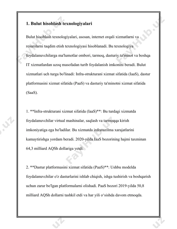 nilib kelinadi. bu texnologiya internet orqali ma'lumotlarni saqlash va ularga kirishni ta'minlaydi. bulutli ma'lumotlar saqlashning asosiy afzalliklari quyidagilardan iboratdir: 1. **moslashuvchanlik va kengayish imkoniyati**: bulutli ma'lumotlar saqlash xizmatlari odatdagi jismoniy saqlash vositalariga qaraganda juda moslashuvchan. foydalanuvchilar istalgan vaqtda qo'shimcha joy olishlari yoki mavjud saqlash hajmini kamaytirishlari mumkin. bu masalan milesweb va hostgator kabi xizmatlar tomonidan ta'minlanadi. 2. **tejamkorlik**: bulutli ma'lumotlar saqlash odatda an'anaviy saqlash tizimlariga qaraganda arzonroq bo'ladi. foydalanuvchilar faqat foydalanilgan joy va funksiyalar uchun to'laydilar, bu esa ularni samaraliroq va tejamkor qilib qo'yadi. gartner kompaniyasining 2021 yildagi tadqiqotiga ko'ra, korxonalar bulutli texnologiyalarga o'tish orqali saqlash xarajatlarini 30% gacha kamaytirishi mumkin. 3. **ma'lumotlarga kirishning qulayligi**: bulutli ma'lumotlar saqlash imkonlari bilan foydalanuvchilar o'z ma'lumotlariga istalgan joydan va istalgan vaqtda kirishlari mumkin. buning uchun internetga ulanish kifoya. bu esa o'z navbatida ish jarayonlarini yanada samarali va tezroq qiladi. 4. **havfsizlik va yangilanishlar**: ko'pgina bulut xizmatlari kuchli xavfsizlik choralarini qo'llaydi, masalan, amazon web …