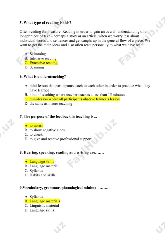 aking, reading and writing are……. a. language skills b. language material c. syllabus d. habits and skills 9.vocabulary, grammar, phonological minima - ……. a. syllabus b. language materials c. linguistic material d. language skills 10. what is portfolio? a. collection of work, materials that a learner or course participant collects and puts together in a file, usually for assessment. b. collected materials for teaching. c. case for note books d. students’ brief case. 11. what is the communicative approach? a. the communicative approach is a certain methodology b. it is the style of learning a foreign language c. the communicative approach is the best-known current approach to language teaching. d. it is a method 12 what is productive skills? a. speaking and writing. learners are required to produce the language by speaking and writing. b. listening and reading. learners are required to introduce the language by listening and reading. c. …