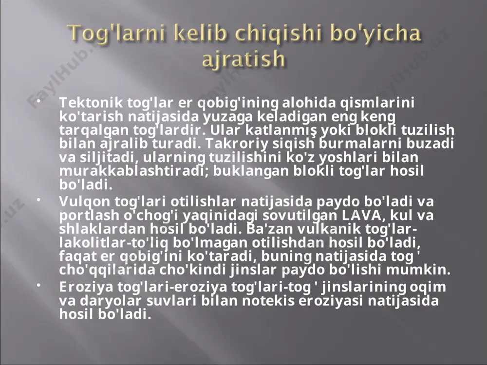 90 gr dan ortiq).). tiklik hosil qiluvchi jinslarning tabiatiga, kelib chiqishiga, yoshiga bog'liq. tog ' jinslari va qoplamining tabiati bo'yicha muz, qor, o't, tosh, talus ajralib turadi. profil shakliga ko'ra, yamaqlar tekis, konkav, konveks, murakkab, pog'onali.egar-ikki tepalik orasidagi tepalikning pasayishi. ko'pincha bunday pasayish tog ' tizmasini engib o'tishning eng qulay usuli sifatida ishlatiladi va dovon deb ataladi. balandlik mintaqalanishi – tog‘larning etagidan suvayirg‘ich tomon tabiatning qonuniy o‘zgarib borishi. balandlik mintaqalari tekisliklardagi tabiat zonalariga o‘xshash, lekin aynan o‘zi emas. ularning shakllanishiga yuqoriga ko‘tarilgan sari havo harorati va bosimining pasayishi, quyosh radiatsiyasining kuchayishi, suv bug‘lari kondensatsiyasi sharoitining o‘zgarishi sabab bo‘ladi. yog‘inlar ma’lum balandlikkacha ko‘payib, so‘ng kamayadi. shunga bog‘liq holda tuproqlar, o‘simlik va hayvonot olami, umuman, geotizimlar o‘zgarib boradi. qor chizig‘i – tog‘lardagi shunday chegaraki, undan balandda qor yil bo‘yi erimay turadi. qor chizig‘ining balandligi joyning geograf k o‘rni- ga, iqlimi, yog‘in miqdori, yonbag‘ir ekspozitsiyasiga bog‘liq. qanchalik havo harorati past va yog‘inlar ko‘p …