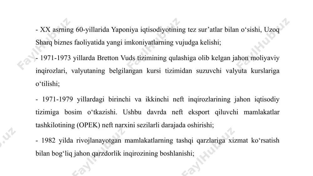 angan mamlakatlarda qo‘l mehnatiga asoslangan ishlab chiqarishdan bilim va yuqori texnologiyalarga asoslangan ishlab chiqarishga o‘tildi. jahon iqtisodiy tuzilmasidagi ushbu o‘zgarishlar natijasida bandlik tarkibida yuqori malaka talab qiluvchi mutaxassislarga ehtiyoj ortib, nisbatan past malakali mutaxassislarga talab pasayib bordi. uchinchidan, jahon iqtisodiyotida xalqaro kapital harakatining sezilarli darajada ortishi. ushbu o‘zgarish xalqaro savdoga nisbatan xalqaro kapital harakatining tez sur’atda o‘sishi bilan yuz berdi. xalqaro moliya statistikasining ma’lumotlariga ko‘ra, jahon eksporti hajmi 1981 yildagi 2000 mlrd. aqsh dollaridan 1991 yilda 3447 mlrd. aqsh dollari darajasigacha, ya’ni 1,5 marta o‘sgan. shu vaqt mobaynida xalqaro obligatsiyalar emissiyasi 23 mlrd. dollardan 342 mlrd. dollargacha, ya’ni deyarli 15 marta o‘sdi. bundan tashqari, uchta yetakchi xalqaro moliya bozorlarida ko‘plab xorijiy valyutalar aylanmasi sezilarli darajada o‘sdi. 1986-yildan 1992-yilgacha london da xorijiy valyutaning kunlik o‘rtacha aylanmasi 90 mlrd. dollardan 303 mlrd. dollargacha ortdi. shu davrda nyu-yorkdagi kunlik aylanma 50 mlrd.dollardan 192 mlrd. dollargacha, tokioda 48 mlrd. dollardan 128 mlrd. dollargacha ortgan. …