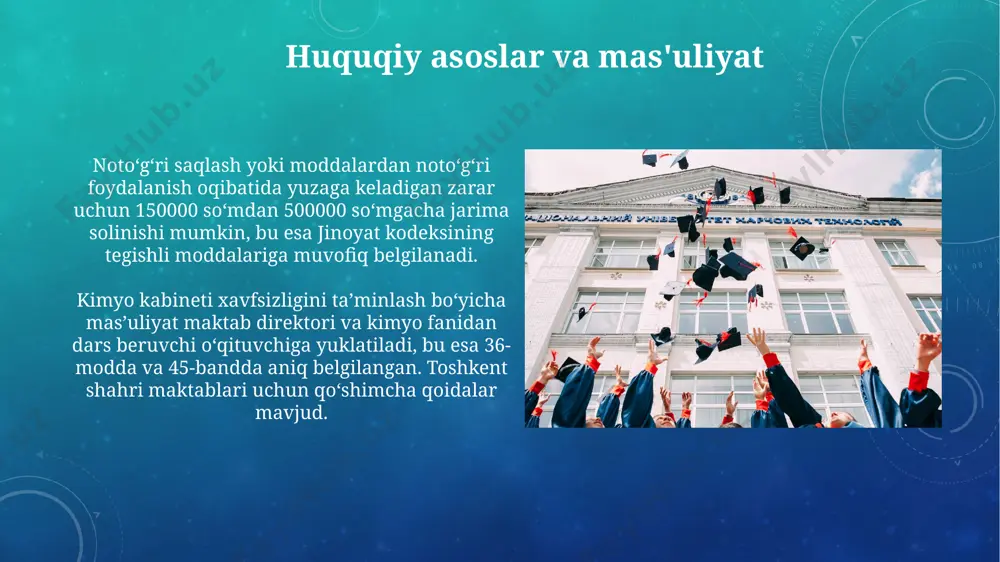 bo‘limda 5-15 ta turdagi moddalar va asboblarning miqdori va holati qayd etiladi. kimyo kabinetining inventarizatsiyasi toshkent shahridagi 5-maktabda 2023-yil 15-oktabr kuni o‘tkazilib, 120 dan ortiq kimyoviy modda va 35 turdagi asbob-uskunaning mavjudligi aniqlandi. kimyoviy moddalarning tasnifi o'zbekiston respublikasi sog'liqni saqlash vazirligi tomonidan tasdiqlangan ro'yxatga kiritilgan 100 dan ortiq zaharli moddalar maxsus sharoitlarda, muhrlangan idishlarda va alohida xavfsizlik choralari bilan saqlanadi. kuchli kislotalar (masalan, sulfat kislota) va ishqorlar (masalan, natriy gidroksidi) kabi korroziv moddalar alohida, yaxshi shamollatiladigan joylarda, masalan, maxsus shkafning pastki qismida saqlanishi kerak. favqulodda vaziyatlarga tayyorgarlik мактаб ҳудудида 20 тадан ортиқ ўқувчилар бўлган ҳолатда, 5 минут ичида эвакуация режасини амалга ошириш бўйича машқлар ҳар чоракда, маҳаллий фавқулодда вазиятлар бўлими билан ҳамкорликда ўтказилиши керак. тошкент шаҳридаги 15-сонли мактабдагидек, ҳар бир химия кабинетида биринчи тиббий ёрдам кўрсатиш учун зарур бўлган 10 тадан кам бўлмаган дори-дармон ва тиббий жиҳозлар мавжуд бўлиши шарт. himoya vositalaridan foydalanish xavfsizlik duşlari samarqanddagi 7-maktabda joylashgan bo'lib, teri …