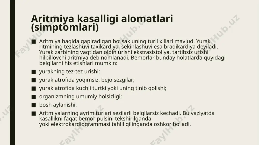 iga va muayyan amplitudaning sun’iy elektrik impulslar bilan almashinuviga asoslanadi. bular yurak qisqarishlari chastotasining mo‘tadillashuviga imkon beradi. vaqtinchalik elektrostimulyatsiya uchun qizilo‘ngach yoki endokardiol elektrodlardan foydalaniladi, ular tashqarida joylashgan kardiostimulyatordan yurakka impuls olib boradi. yurak ritmi mo‘tadillashgandan keyin kardiostimulyator o‘chirib qo‘yiladi va zaruriy aritmiyaga qarshi dori vositalari buyuriladi. kardiostimulyator yurakning doimiy elektrostimulyatsiyasi uchun kardioxirurgik jarrohlik ishi – elektrokardiostimulyator implantatsiyasi bajariladi. stimulyator maxsus kichik uskuna jarrohlik yo‘li bilan teri ostidagi yog‘ qatlamiga kiritib quyiladi. kardiostimulyator batereyka, mikroprotsessor va elektrodlardan tashkil topgan. usti zanglamaydigan noallergen metall bilan qoplangan. elektrodlari orqali yurak mushaklari bilan bog‘langan. uning energiya zaxirasi bir necha yilga mo‘ljallangan bo‘ladi. keyinchalik batereykasini almashtirsa ham bo‘ladi. u yurak ritmini o‘zining mikroprotsessori yordamida kuzatib turadi. zarur bo‘lsa elektrodlari yordamida yurakka tok jo‘natib uni ishini normallashtirib turadi. aritmiyada birinchi yordam aritmiya xurujida birinchi navbatda tez yordam chaqiring. tez yordam yetib kelguncha bemorning ahvolini birmuncha yengillashtirishga harakat qiling. buning uchun quyidagilarni bajaring. avvalo bemorni tinchlantirsh, …