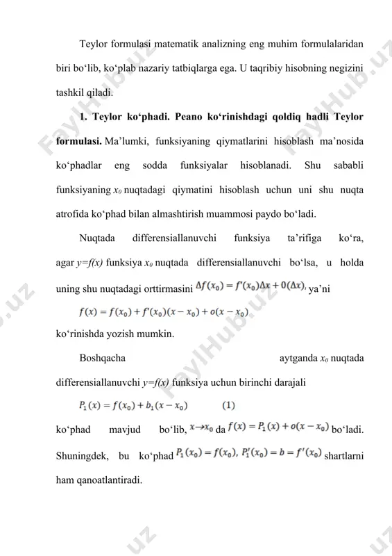 a o‘rinli ekan. shunday qilib, quyidagi teorema isbotlandi: 1-teorema. agar funksiya nuqtaning biror atrofida marta differensiallanuvchi bo‘lsa, u holda da quyidagi formula o‘rinli bo‘ladi. bu yerda peano ko‘rinishidagi qoldiq had deyiladi. agar (6) formulada deb olsak, teylor formulasining xususiy holi hosil bo‘ladi: bu formula makloren formulasi deb ataladi. 2. teylor formulasining lagranj ko‘rinishdagi qoldiq hadi. teylor formulasi qoldiq hadi yozilishining turli ko‘rinishlari mavjud. biz uning lagranj ko‘rinishi bilan tanishamiz. qaralayotgan funksiya nuqta atrofida –tartibli hosilaga ega bo‘lsin deb talab qilamiz va yangi funksiyani kiritamiz. ravshanki, ushbu va funksiyalarga koshi teoremasini tatbiq qilamiz. bunda e’tiborga olib, quyidagini topamiz: bu yerda shunday qilib, biz ekanligini ko‘rsatdik, bu yerda endi , ekanligini e’tiborga olsak quyidagi formulaga ega bo‘lamiz: bu (8) formulani teylor formulasining lagranj ko‘rinishidagi qoldiq hadi deb ataladi. lagranj ko‘rinishdagi qoldiq hadni ko‘rinishda ham yozish mumkin, bu yerda birdan kichik bo‘lgan musbat son, ya’ni . shunday qilib, funksiyaning lagranj ko‘rinishidagi qoldiq hadli …
