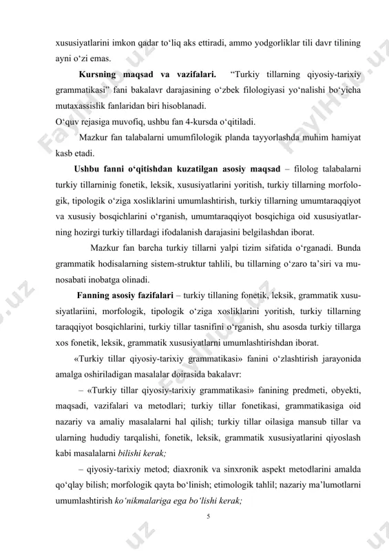 miyatini asоslash, til birliklari va nutq birliklarining turkiy tillarga хоs munоsabatini tahlil qilish, qadimgi davrlarga хоs tariхiy shakllarning hоzirgi turkiy tillardagi ko‘rinishlarini, lеksеmalarning sеmantik strukturasidagi farqli sеmalarni tahlil qilish malakalariga ega bo‘lishi kеrak. 2. turkiy tillar oilasi haqida. qadimda turkiy xalqlar soni jihatdan qariyb 65 taga yetgan bo‘lsa, bugungi kunda jahonda 30 dan ortiq o‘z yozuviga eda turkiy xalq borligi aniqlangan. bu tillarda so‘zlashuvchi xalqlar, asosan, osiyo, yevropa, amerika va avstraliyada yashaydilar. turkiy tillarda so‘zlashuvchi xalqlarning ko‘pchiligi osiyo qit’asida istiqomat qiladi. turkiy tillar oilasiga quyidagi tillar kiradi: turk, ozarbayjon, turkman, gaguz, qrim-tatar, qorachoy, balqar, qumiq, no‘g‘oy, tatar, boshqird, oltoy, shor, xakas, tuva, yoqut, girg‘iz, o‘zbek, qoraqalpoq, chuvash, uyg‘ur, qozoq kabilar. 3. turkiy tillarga xos xususiyatlar. turkiy tillar genetik jihatdan qarindosh bo‘lib, tillarning morfologik tasnifiga ko‘ra, agglutinativ bo‘lganligi sababli, ularda affikslar, so‘z tarkibidagi har bir qo‘shimcha faqat bir ma’no ifodalaydi va birin-ketin birikib, yopishib keladi; affikslar o‘zakka mexanik ravishda qo‘shilaveradi, biroq …
