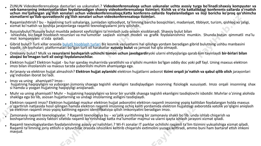 osqichlari. ? zunun elektron hukumat joriy etishning janubiy koreya tajribasi.? janubiy koreyada elektron hukumatni shakllantirish bo‘yicha tashabbus 2001-yilda yuridik kuchga ega bo‘ldi. mamlakatda elektron hukumatni rivojlantirish bo‘yicha ishlab chiqilgan dastur hukumat organlarining ishida samardorlikni oshirishga qaratilgan bo‘lib, u uch bosqichda amalga oshirilishi lozim bo‘lgan. axborot xavfsizligi?shaxs va jamiyatning va davlatning axborot sohasidagi xafsizligiga tahdidlarni oldini olish;axborotning xafsizligini taminlash; tarqalishi yo’qolishi o’g’irlanishini oldini olish;axborotning buzib talqin qilinishi va soxtalashishini oldini olish. axborot xavfsizligiga tahdid va uning turlari ? axborot o'g'irlanishi: hujjatlar va fayllarga ruxsatsiz kirish (ma'lumotlarni ko'rish va nusxalash), kompyuter va saqlash vositalarini o'g'irlash, ma'lumotlarni yo'q qilish; tarqatish kompyuter viruslari;uskunaga jismoniy ta'sir: uskunaning o'zgarishi, aloqa kanallariga ulanish, ommaviy axborot vositalarining shikastlanishi yoki yo'q qilinishi, magnit maydoniga ataylab ta'sir qilish. axborot xavfsizligi tushunchasi? axborot xavfsizligining dolzarblashib borishi, axborotning strategik resursga aylanib borishi bilan izohlash mumkin. zamonaviy davlat infratuzilmasini telekommunikatsiya va axborot tarmoqlari hamda turli xildagi axborot tizimlari tashkil etib, axborot texnologiyalari va …