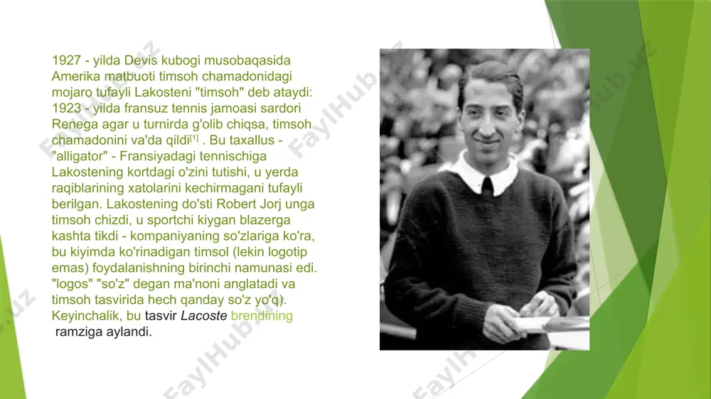 biyotlar 1.once upon a crocodile(ingl. 2.„iconic clothing brand sold to manor owners” 3. „rené lacoste“. international tennis hall of fame. 4.„lacoste, the story of an iconic brand | lacoste“ 5.„rené lacoste“ 6.„history of the stadium“. www.rolandgarros.com. fédération française de tennis (fft). e’tiboringiz uchun rahmat!!! image1.png image2.jpeg image3.jpeg image4.png image5.jpeg image6.jpeg image7.jpeg image8.jpeg image9.png /docprops/thumbnail.jpeg