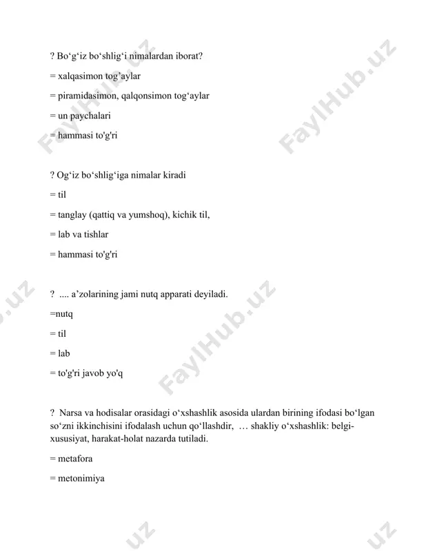 atdan har xillik =ma’nodagi o’zaro zidlik = hammasi to'g'ri ? ... - aytilishi bir-biriga yaqin, ammo yozilishi va ma’nosi har xil bo’lgan so’zlardir. = paronimlar = sinonim = antonim = omonim ? sinonim so'zlar berilgan qatorni toping = do'st, o'rtoq, birodar, og'ayni = katta , kichik, baland, pas = son, kul, yara, bog', yor = yig'lamoq, shirin, go'zal, nam ? antonim so'zlar berilgan qatorni toping = do'st, o'rtoq, birodar, og'ayni = katta , kichik, baland, past = son, kul, yara, bog', yor = yig'lamoq, shirin, go'zal, nam ? paronim so'zlar berilgan qatorni toping = do'st, o'rtoq, birodar, og'ayni = katta , kichik, baland, past = ziyrak, zirak, asr, asir = yig'lamoq, shirin, go'zal, nam ? omonim so'zlar berilgan qatorni toping = do'st, o'rtoq, birodar, og'ayni = katta , kichik, baland, past = olma, surma, yoz, soch = yig'lamoq, shirin, go'zal, nam ? sinonim so'zlar berilgan qatorni toping = chiroyli, go'zal, …