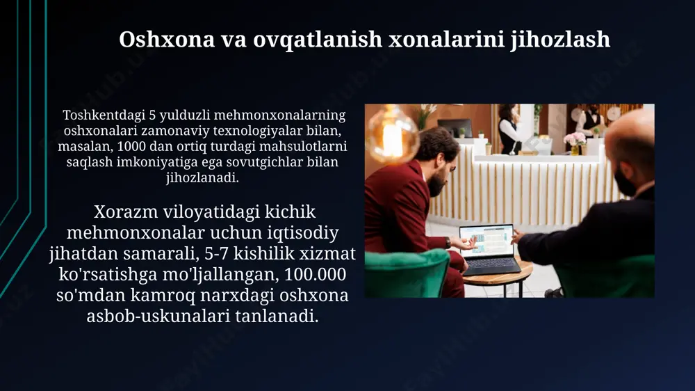 adrat metrga 2 ta yong'inga qarshi o'chirgich qurilishi talab etiladi. buxoroda joylashgan turistik majmualar video kuzatuv tizimlari bilan jihozlangan bo'lib, bu tizimlar kamida 15 kun davomida yozuvlarni saqlaydi va 7/24 ishlaydi. qurilish materiallari va texnologiyalari toshkentdagi yangi restoranlar qurilishida 500 dan ortiq turdagi mahalliy va import qilingan keramik plitalar, shuningdek, 20 mm dan 50 mm gacha qalinlikdagi granit plitalar ishlatilmoqda. samarqanddagi tarixiy mehmonxona rekonstruksiyasi davomida, 18-asrga oid original yog'och ustunlarni saqlab qolish va ularni zamonaviy antiseptiklar bilan 3 qatlamli himoya qilish texnologiyasi qo'llanilgan. operatsion jarayonlarni o'rnatish mehmonxona va restoranlarning samarali operatsion jarayonlarini o'rnatish uchun kamida 5 yillik tajribaga ega 10 nafar mutaxassisni toshkent shahridan jalb qilish rejalashtirilgan. oshxonada 200 dan ortiq turdagi taomlarni tayyorlash uchun 3 bosqichli nazorat tizimi joriy etilib, xalqaro standartlarga muvofiq sifatni ta'minlashga qaratilgan. atrof-muhitni muhofaza qilish va energiya samaradorligi o‘zbekistondagi 5 yulduzli mehmonxonalarning 70% dan ortig‘i energiya samaradorligini oshirish uchun quyosh panellaridan foydalanmoqda, bu esa karbon …