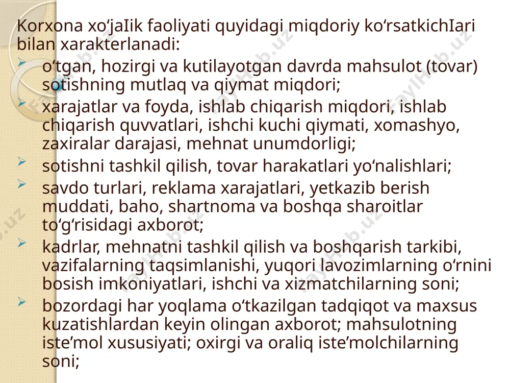 shbu axborot manbai tegishli sanoat, qishloq xo‘jaligi, xizmat ko‘rsatish bo‘yicha ixtisoslashgan vazirliklarda ularning barcha bo‘ysinuvchi korxonalari xolati, rivojolanish yo‘nalishlari bo‘yicha axborot olish imkonini beradi. bu turkum axborotlar vazirlik, uyushmalarning yillik hisoboti, tegishli boshqarmalarning hisob-kitobi va o‘tkazgan tadqiqot yakunlaridan tashkil topadi. hozirgi paytda mamlakatimiz vazirliklari uyushmalar, kontsernlar o‘z tarkibida marketing muammolari bilan shug’ullanuvchi boshqarma yoki bo‘limlarga egadir. 4 maxalliy hokimiyat miqyosida jamlanadigan axborot va ma`lumotlar. mamlakatimiz viloyatlari, tumanlari, shaharlari hokimiyatlari xuzurida statistika, «biznes-fond» bo‘lo‘imlari, aynan o‘sha xudud iqtisodiy-ijtimoiy rivojlanishi xususida axborotlar va ma`lumotlar to‘playdi. ushbu ma`lumotlar ko‘lami keng bo‘lib, ularning asosiylarigina respublika miqyosidagi tegishli boshqarma tashkilotlarga statistik hisobot shaklida taqdim etiladi. ko‘pgina boshqa xududiy rivojlanishga oid axborotlar maxalliy hokimiyat miqyosida umumlashtiriladi va tahlil qilinadi. 5 . ilmiy tadqiqot institutlari, markazlari, universitetlar va oliy o‘quv yurtalrining ilmiy izlanish ma`lumotlari, tadqiqot natijalari. bu ma`lumotlar va axborotlar davlat fan-texnika qo‘mitasi buyurtmalar yoki xo‘jalik shartnomalari asosida ilmiy tadqiqot institutlari, ijodiy–izlanish guruhlari, alohida tadqiqotchilar jamlanadi va …