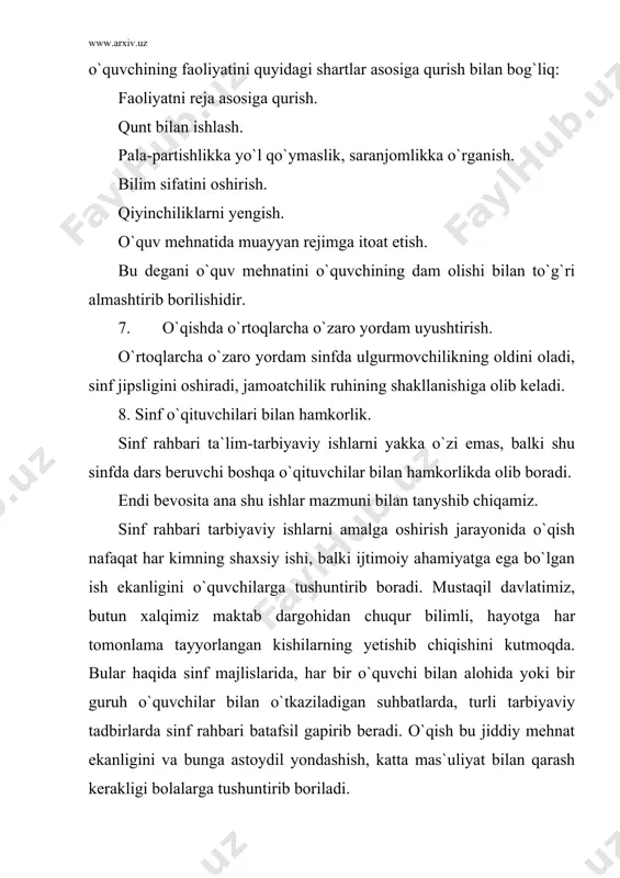 di, sinf jipsligini oshiradi, jamoatchilik ruhining shakllanishiga olib keladi. 8. sinf o`qituvchilari bilan hamkorlik. sinf rahbari ta`lim-tarbiyaviy ishlarni yakka o`zi emas, balki shu sinfda dars beruvchi boshqa o`qituvchilar bilan hamkorlikda olib boradi. endi bevosita ana shu ishlar mazmuni bilan tanyshib chiqamiz. sinf rahbari tarbiyaviy ishlarni amalga oshirish jarayonida o`qish nafaqat har kimning shaxsiy ishi, balki ijtimoiy ahamiyatga ega bo`lgan ish ekanligini o`quvchilarga tushuntirib boradi. mustaqil davlatimiz, butun xalqimiz maktab dargohidan chuqur bilimli, hayotga har tomonlama tayyorlangan kishilarning yetishib chiqishini kutmoqda. bular haqida sinf majlislarida, har bir o`quvchi bilan alohida yoki bir guruh o`quvchilar bilan o`tkaziladigan suhbatlarda, turli tarbiyaviy tadbirlarda sinf rahbari batafsil gapirib beradi. o`qish bu jiddiy mehnat ekanligini va bunga astoydil yondashish, katta mas`uliyat bilan qarash kerakligi bolalarga tushuntirib boriladi. «bilim – takrorlash mevasidir», – degan edi abu rayhon beruniy. sinfda va uyda ko`p va jiddiy ishlaydigan bolalar, odatda o`qishda va mehnatda katta muvaffaqiyatlarga erishadilar. har qanday muvaffaqiyatning zamirida …