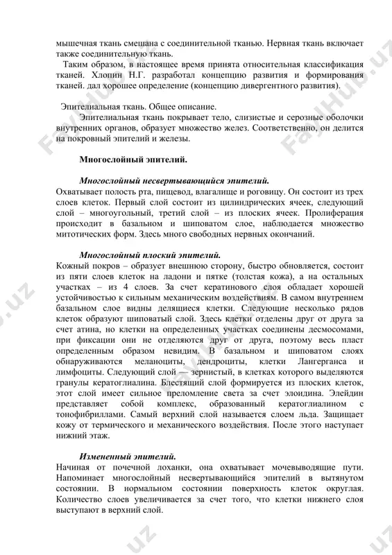 ной (углеводно-белково-липидный компонент). базальная мембрана выполняет функции барьера и структурообразования. он состоит из матрикса и коллагена iv типа. классификация тканей. делить ткани на 4-5 типов весьма условно. главным показателем является не происхождение трех плодных листов, а их строение и функции. известно, что многие покровные ткани развиваются из эктодермы и энтодермы, а часть — из мезодермы. соединительная ткань образуется из мезодермы, мышечная ткань также образуется из мезодермы и лишь определенная часть образуется из эктодермы. в органах воплощено несколько различных тканей. например, мышечная ткань смешана с соединительной тканью. нервная ткань включает также соединительную ткань. таким образом, в настоящее время принята относительная классификация тканей. хлопин н.г. разработал концепцию развития и формирования тканей. дал хорошее определение (концепцию дивергентного развития). эпителиальная ткань. общее описание. эпителиальная ткань покрывает тело, слизистые и серозные оболочки внутренних органов, образует множество желез. соответственно, он делится на покровный эпителий и железы. многослойный эпителий. многослойный несвертывающийся эпителий. охватывает полость рта, пищевод, влагалище …